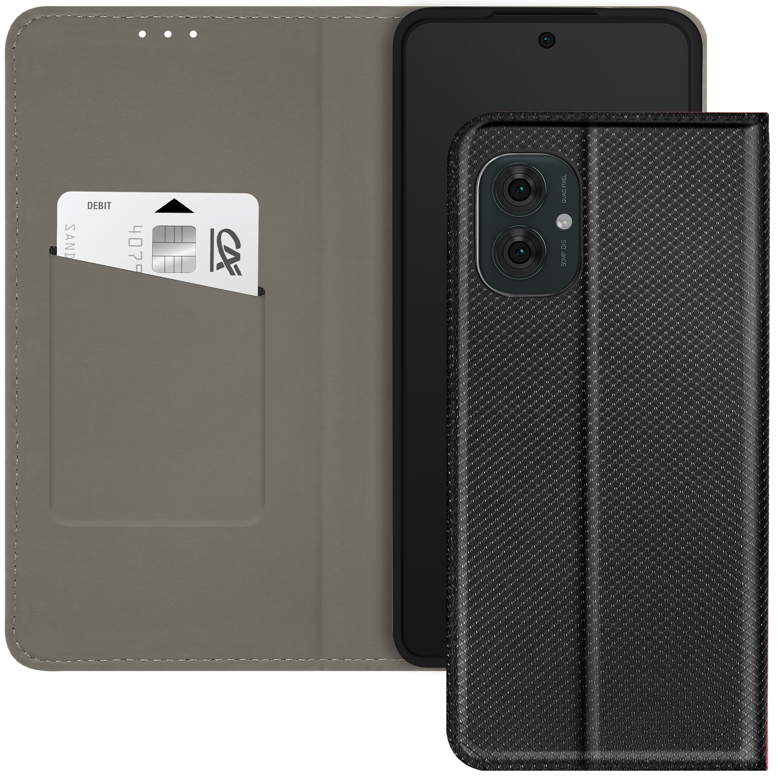 Una custodia per telefono nera con slot per carte, che tiene un telefono, su uno sfondo grigio.