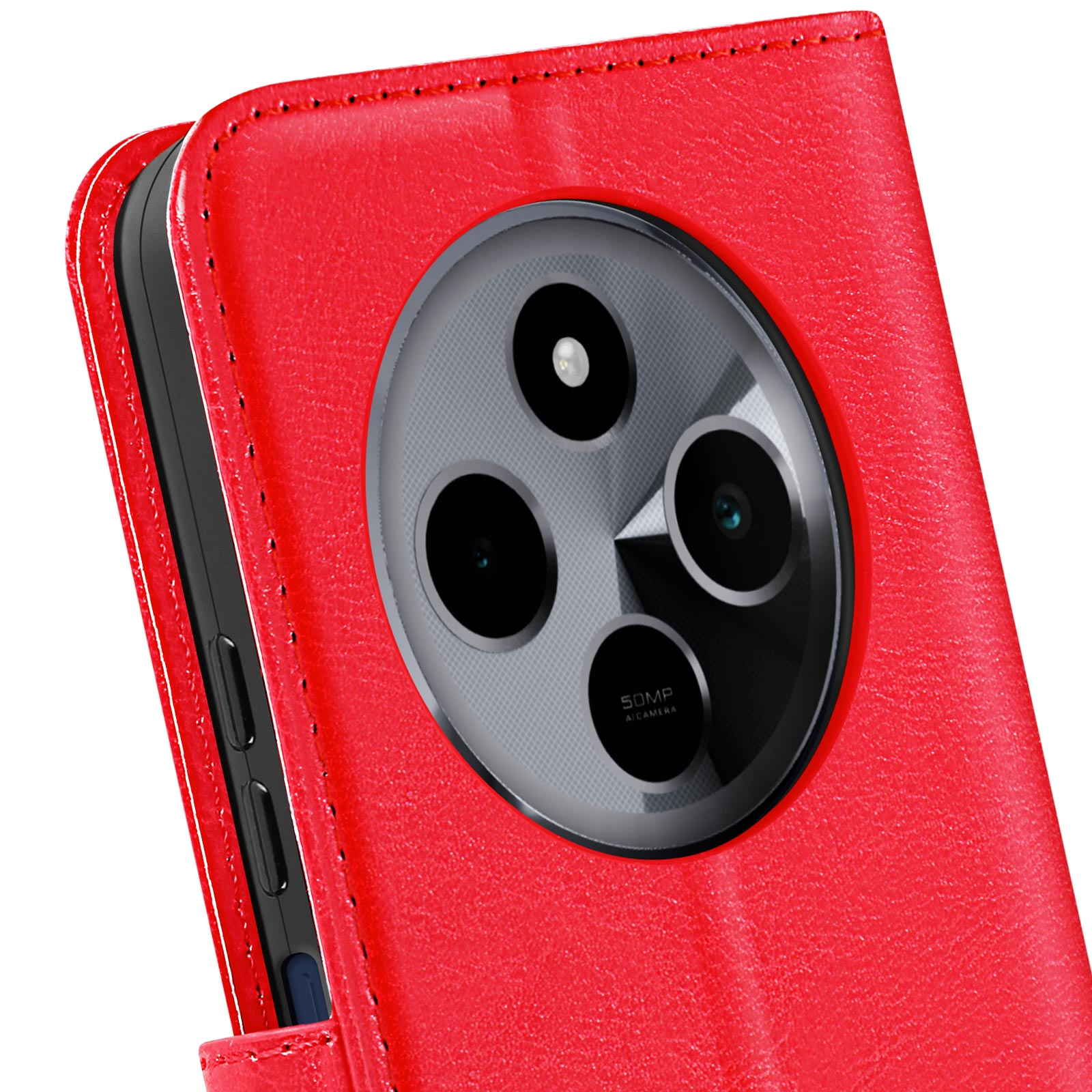 Un primo piano di una custodia per telefono rossa con tre obiettivi e un'etichetta della fotocamera da 50MP.