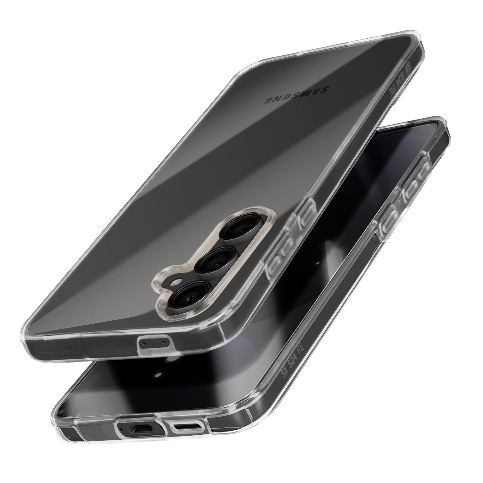 Due custodie trasparenti per telefono impilate. Sfondo bianco. Il logo Samsung è visibile.