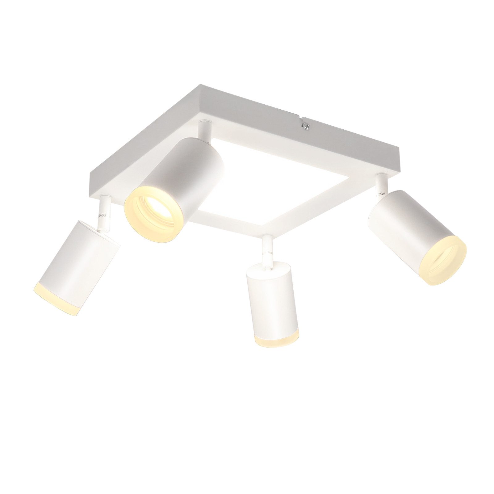 Lampada da soffitto bianca con quattro faretti regolabili. Lo sfondo è bianco.