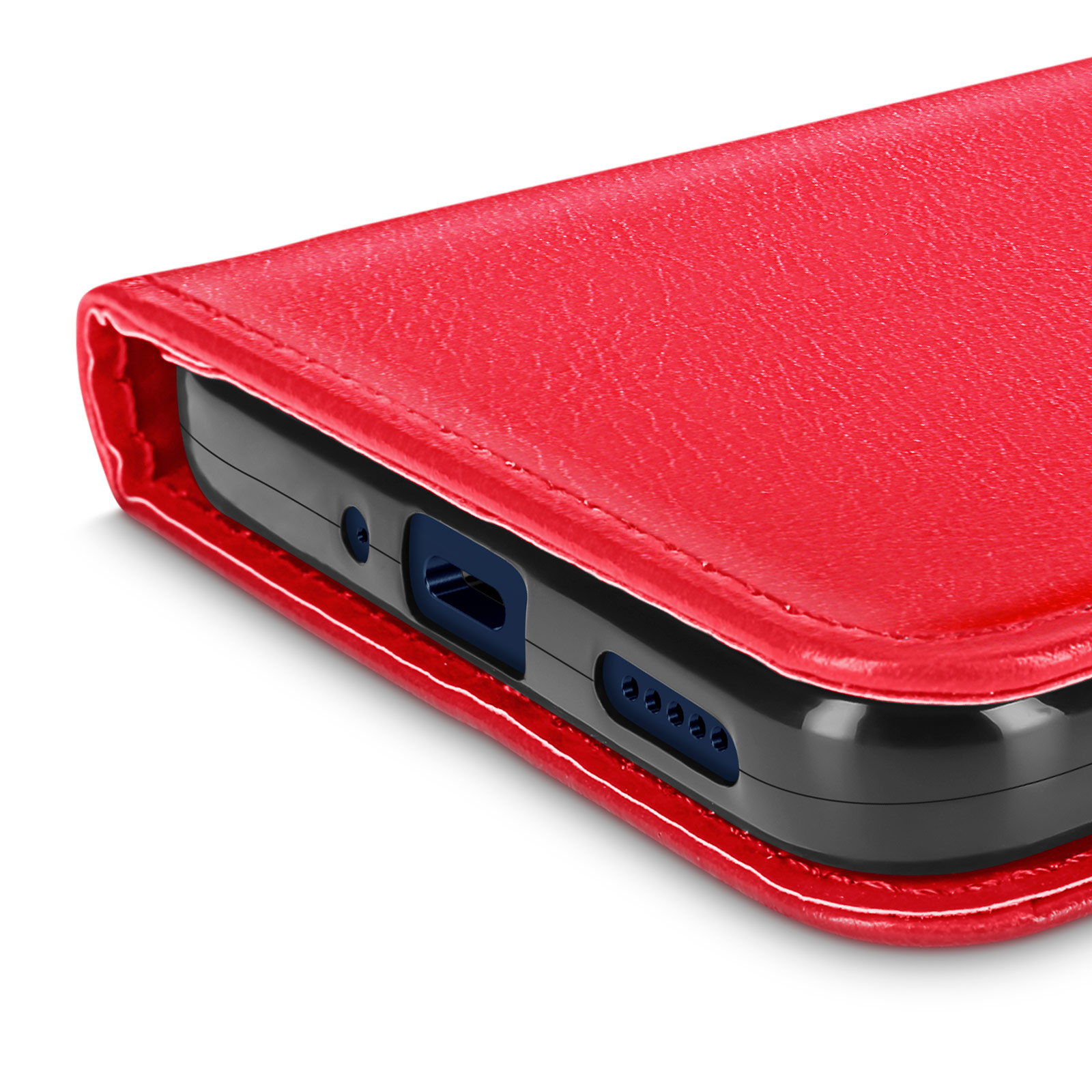 Custodia rossa per telefono con telefono nero all'interno, che mostra le porte.