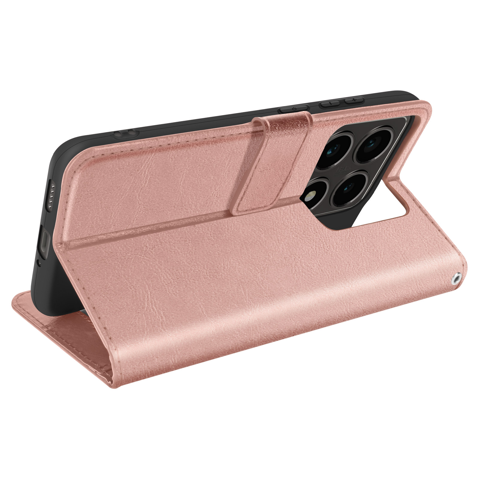 Una custodia per telefono color rosa, aperta, che mostra la fotocamera e l'interno del telefono.