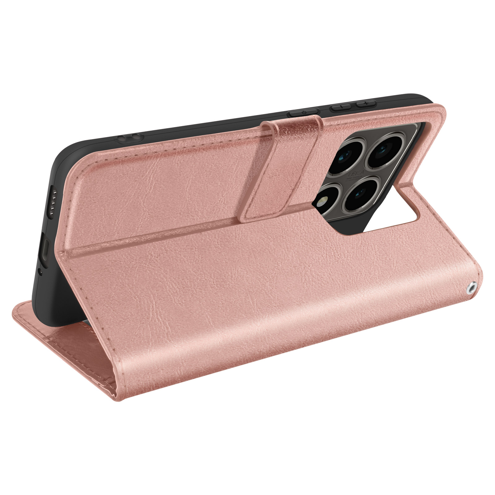 Custodia per telefono rosa aperta, angolata per mostrare il telefono all'interno. Con fessura per carte e ritaglio per fotocamera.