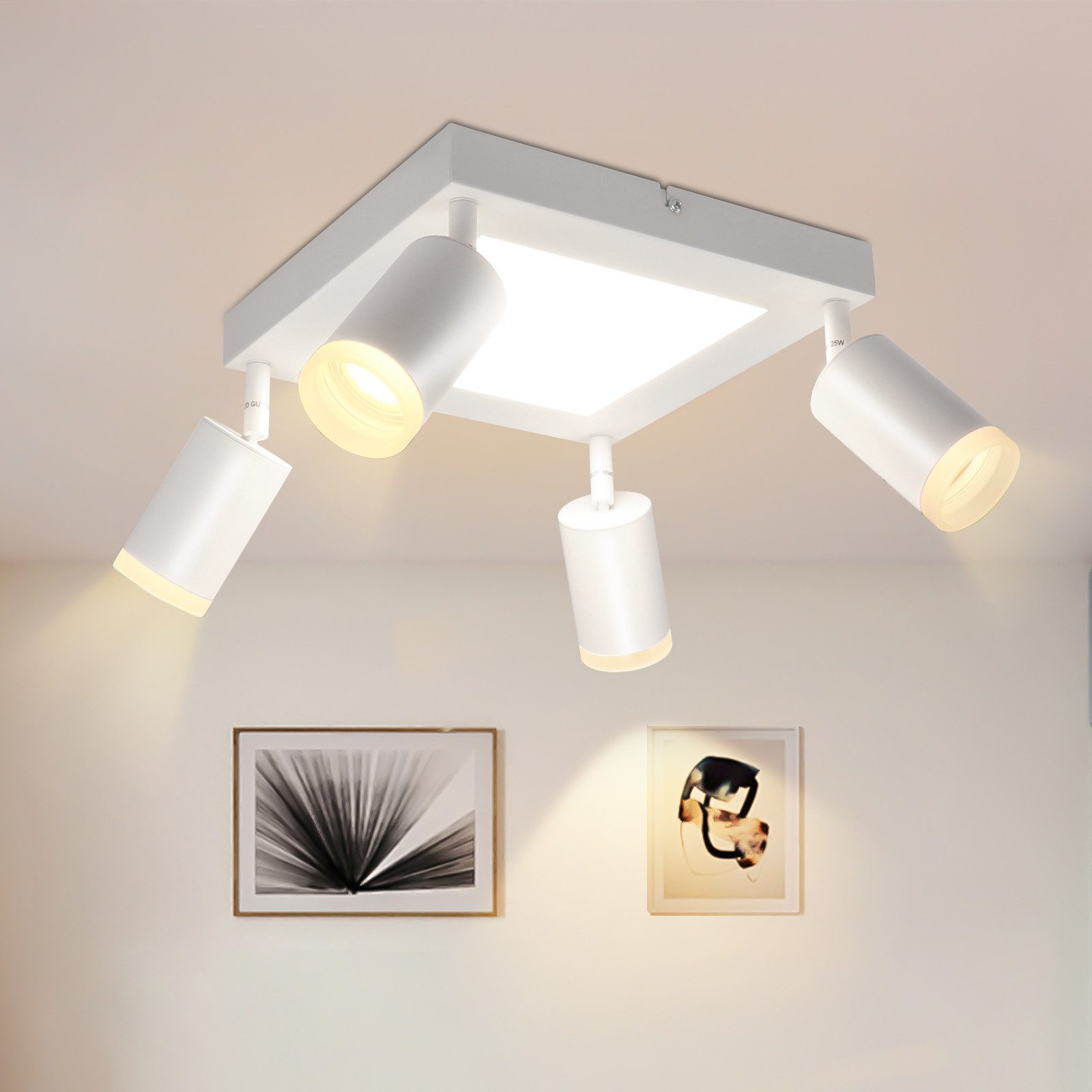 Luci a soffitto bianche, ciascuna con una testa regolabile. Due immagini sono appese al muro sottostante.