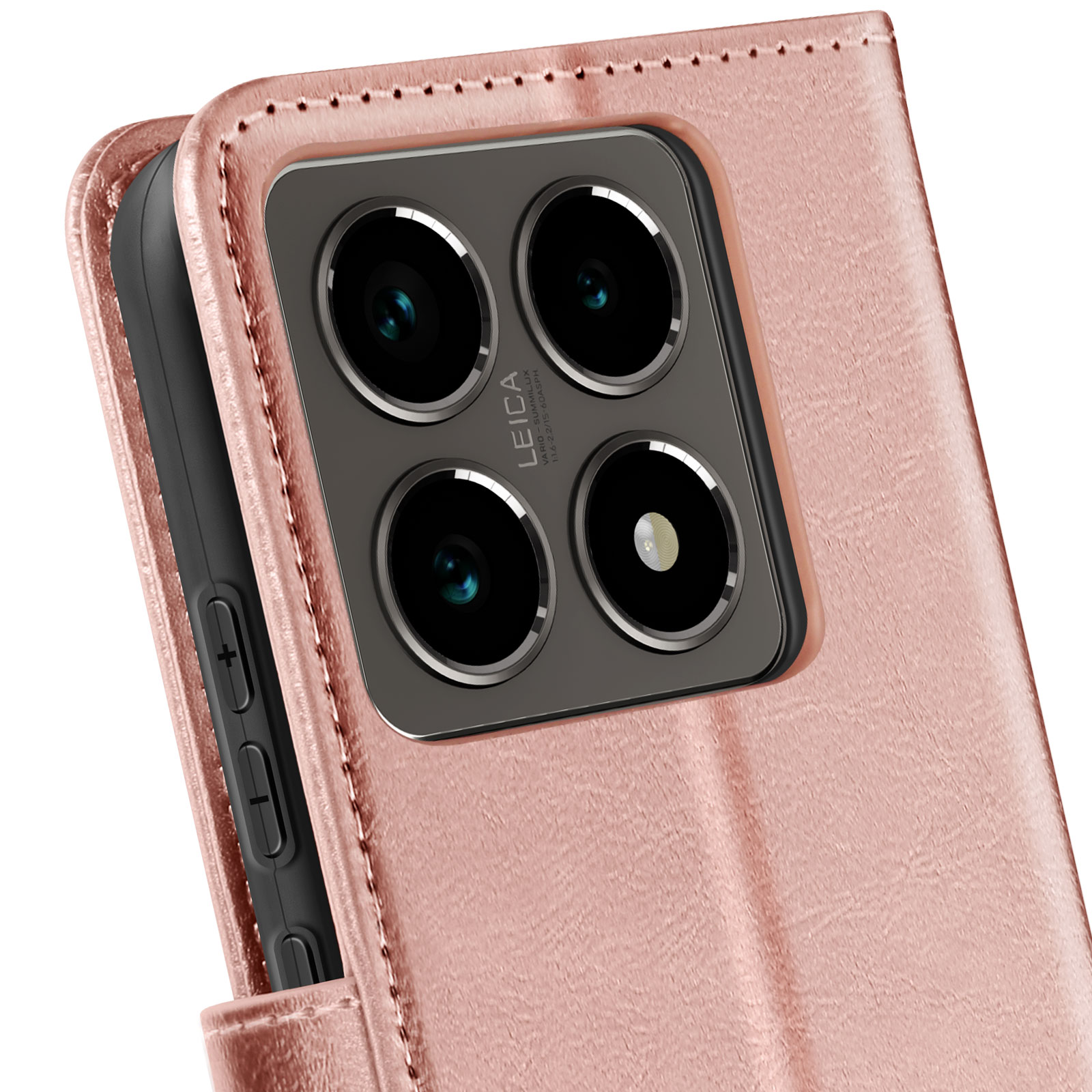 Primo piano di una custodia per telefono color oro rosa con modulo fotocamera visibile.