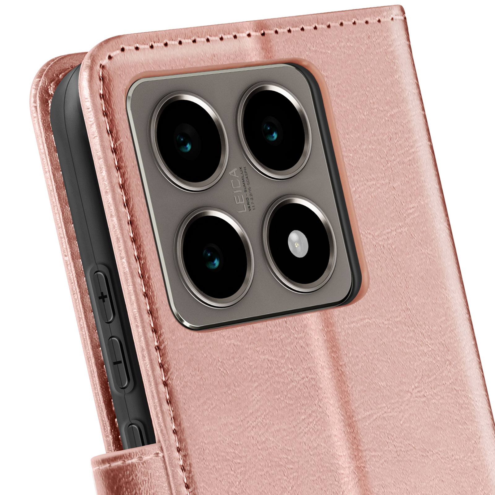Una custodia per telefono color oro rosa con un modulo fotocamera visibile.