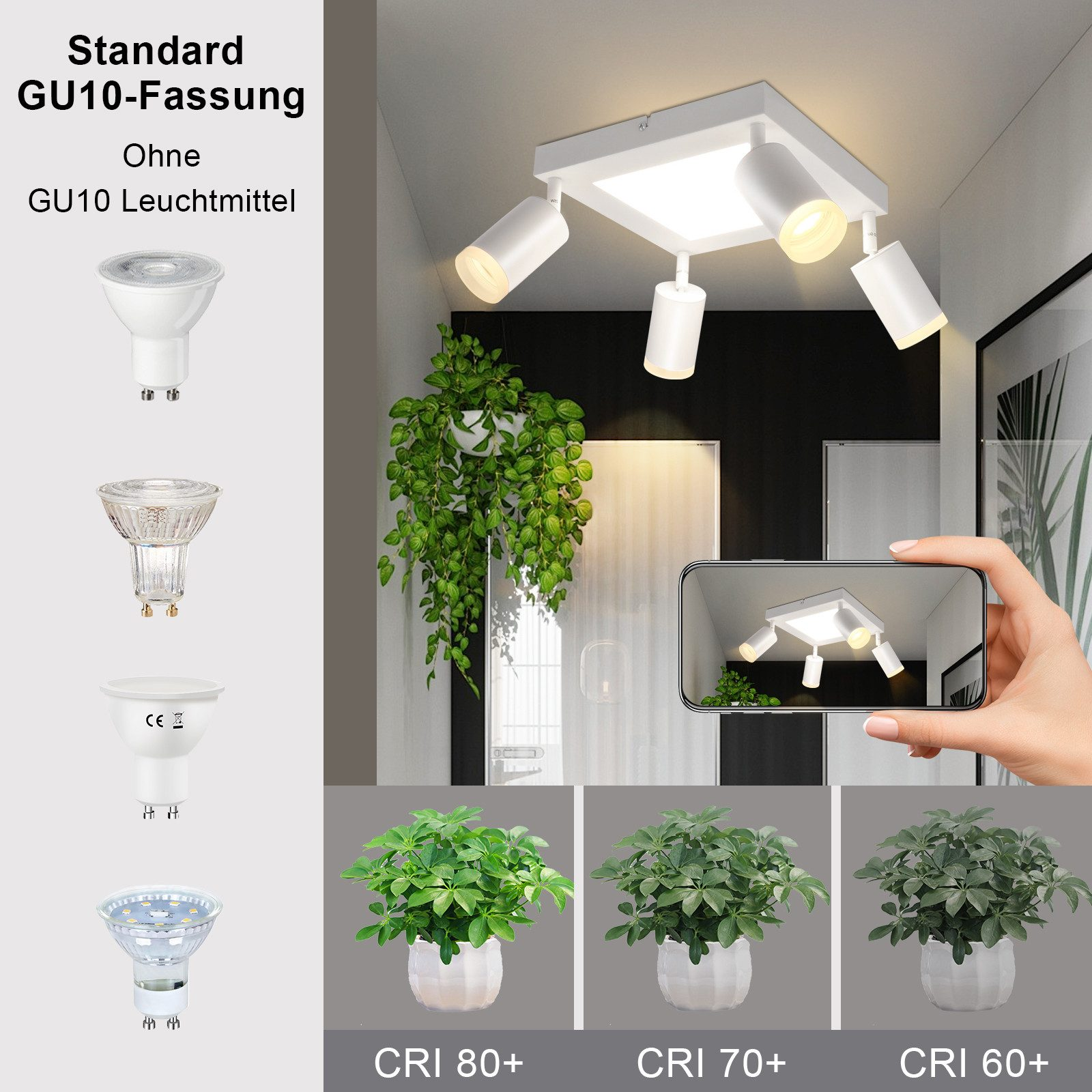 Luci a soffitto bianche con quattro faretti, tre piante in vaso e lampadine.