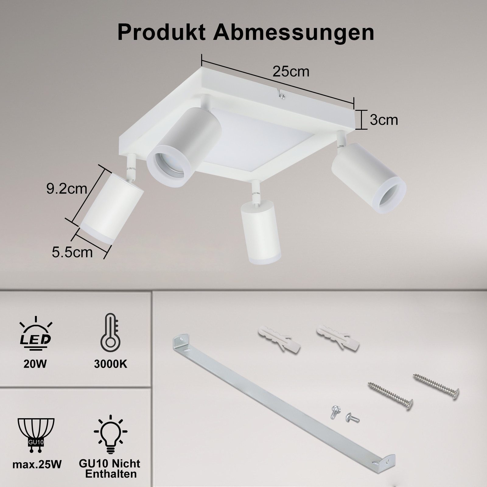 Una lampada da soffitto bianca con tre luci bianche e dimensioni su sfondo bianco con icone.