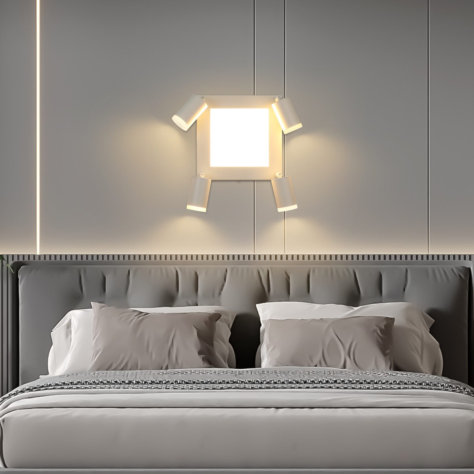Camera da letto moderna con testiera grigia e lampada da parete con faretti.