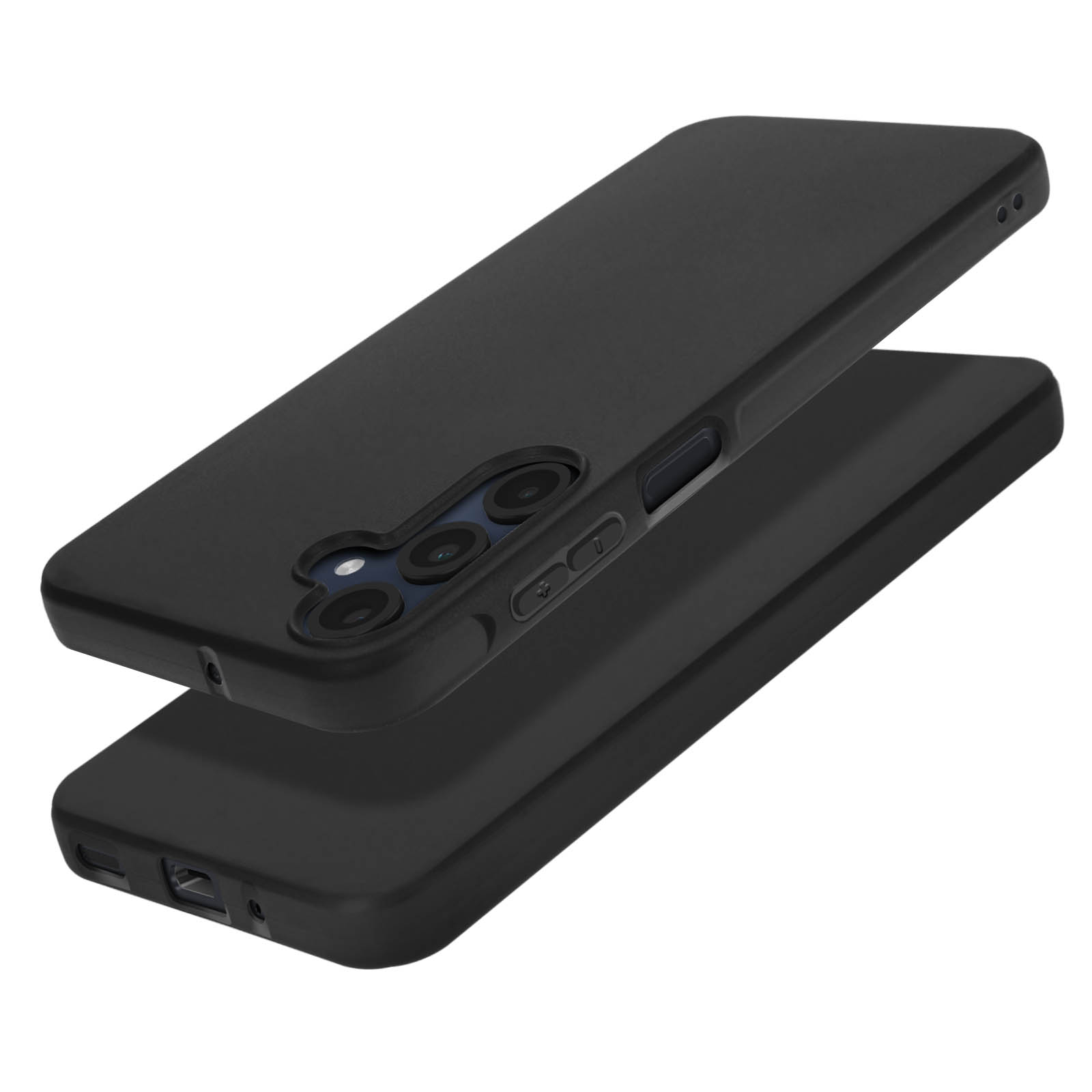 Twee zwarte telefoonhoesjes, één bovenop de ander. Zijknoppen en camera-uitsparingen zichtbaar.