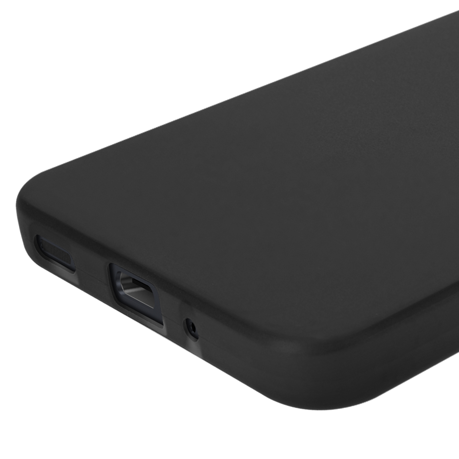 Zwarte telefoon onderrand met poorten, knoppen en gaten. Geen hoesje, glad oppervlak.