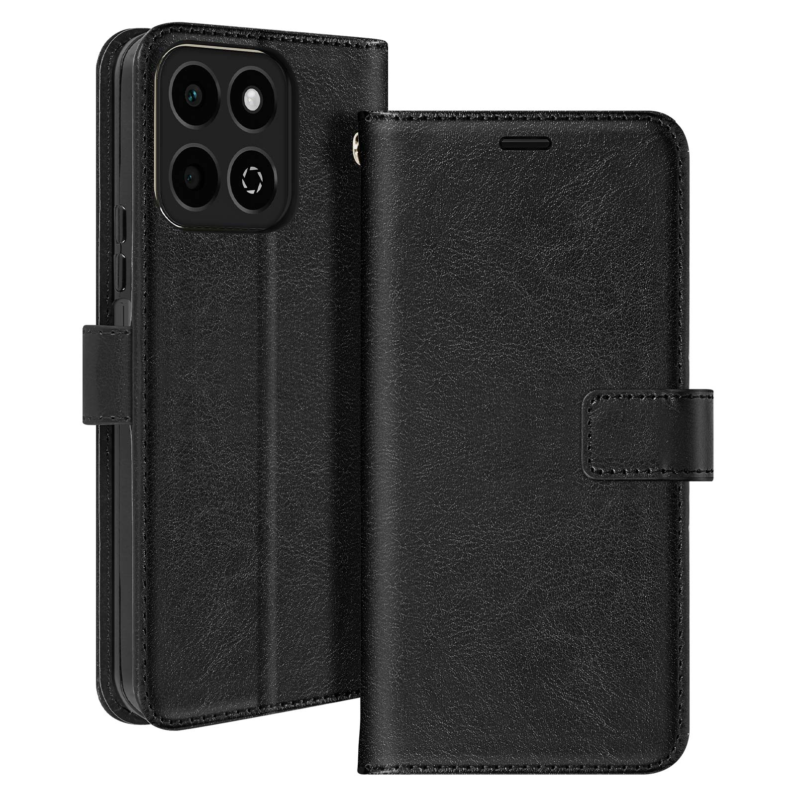 Custodia per telefono in pelle nera. È uno stile a portafoglio con chiusura magnetica. Vista aperta che mostra il telefono.