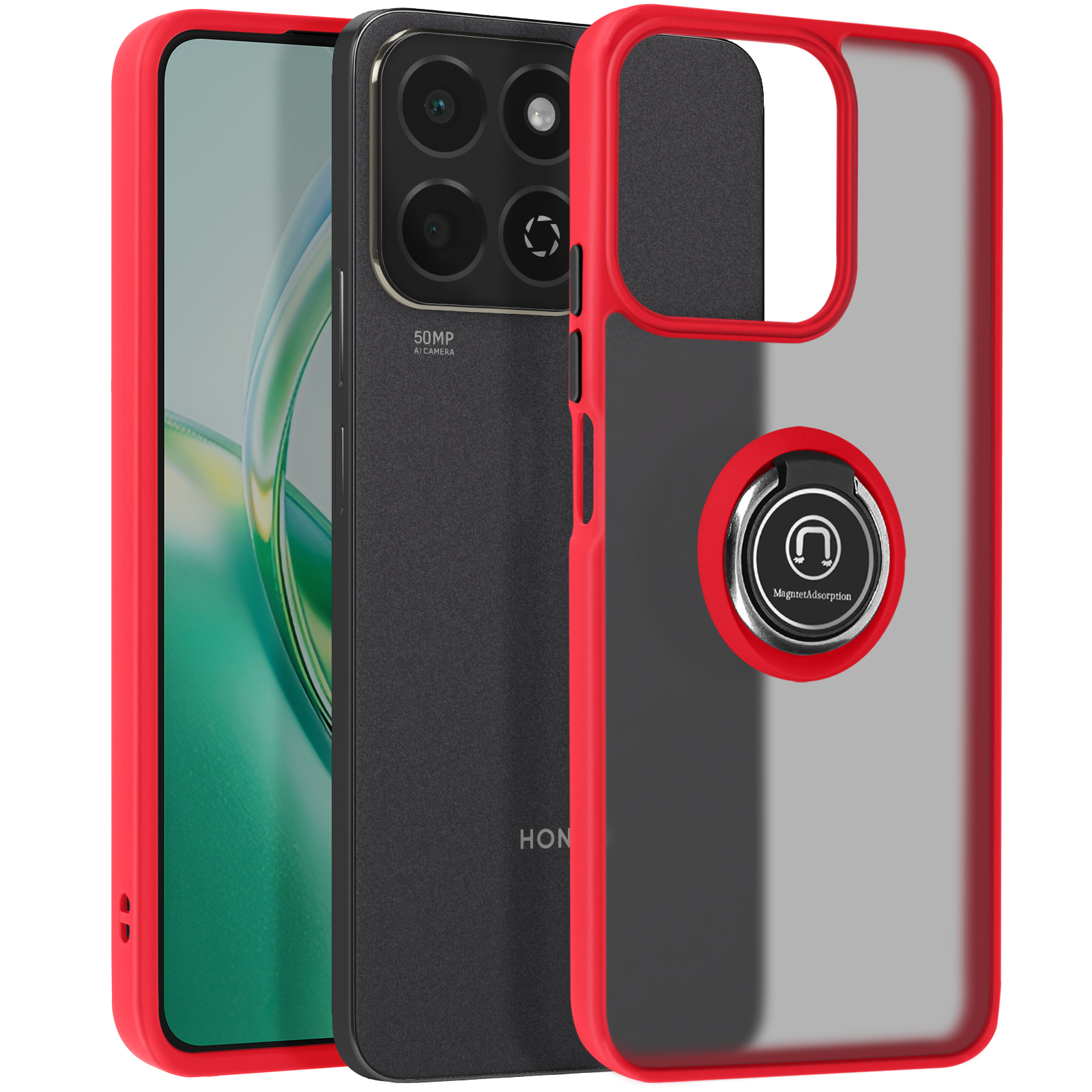 Telefono nero in una custodia trasparente con cornice rossa e supporto ad anello. Sfondo bianco.