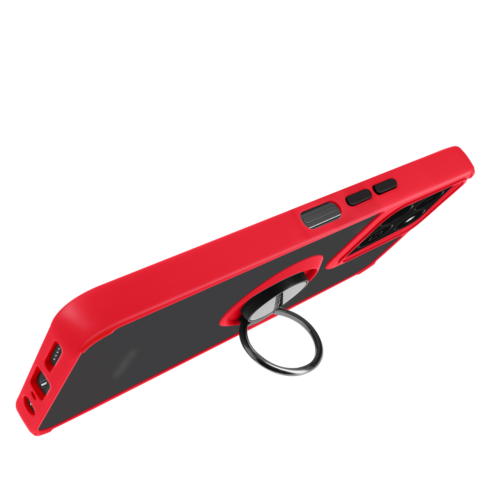 Una custodia per telefono rossa con retro nero e un supporto ad anello argentato, angolato su sfondo bianco.