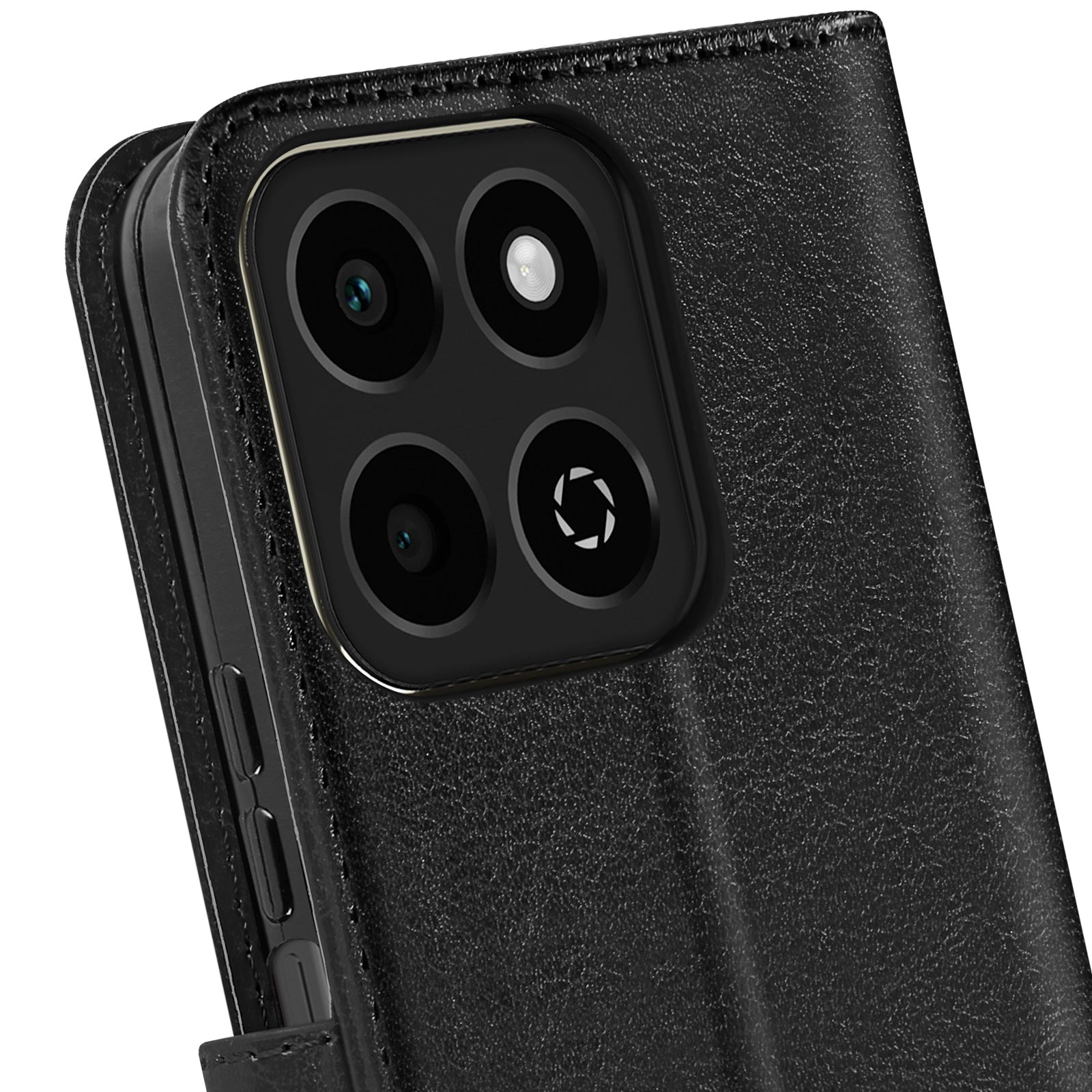 Un primo piano di una custodia per telefono nera con un modulo fotocamera. La custodia è in pelle nera.