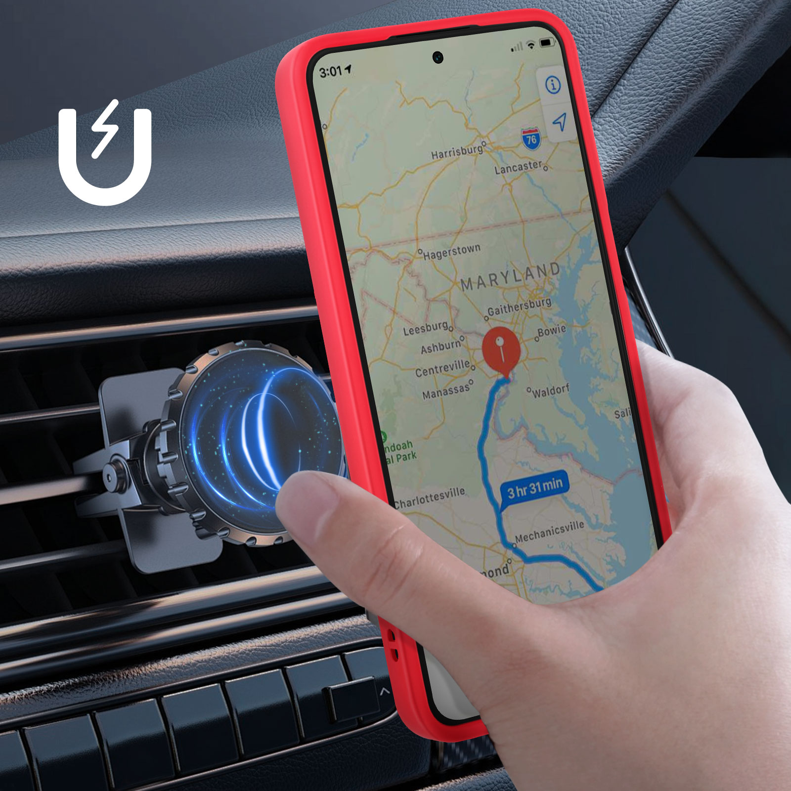 Un telefono in una custodia rossa montato sulla presa d'aria dell'auto, con un'app di mappa che mostra un percorso.