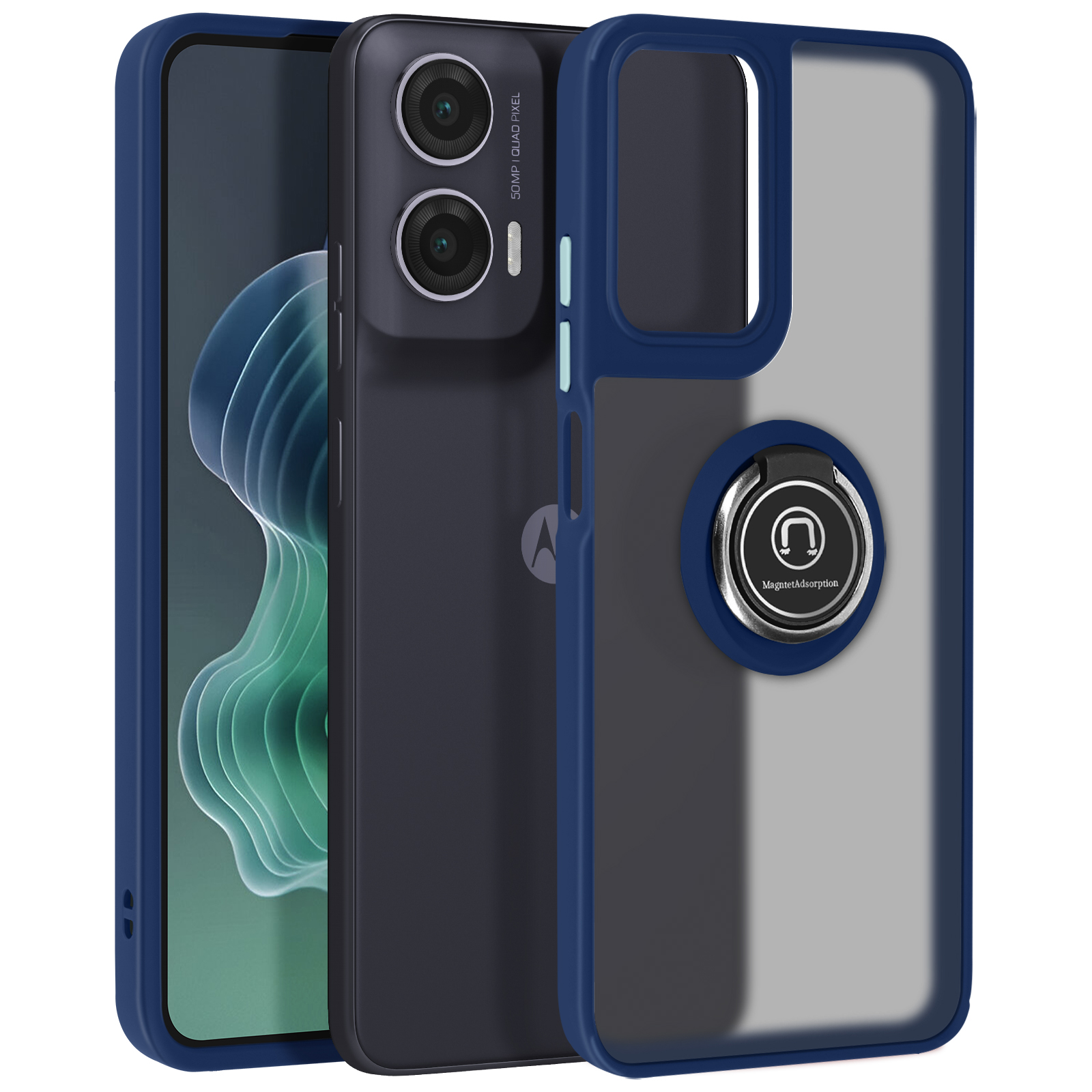 Telefono in custodia blu con porta anello, un altro telefono dietro. Colori blu e trasparenti.