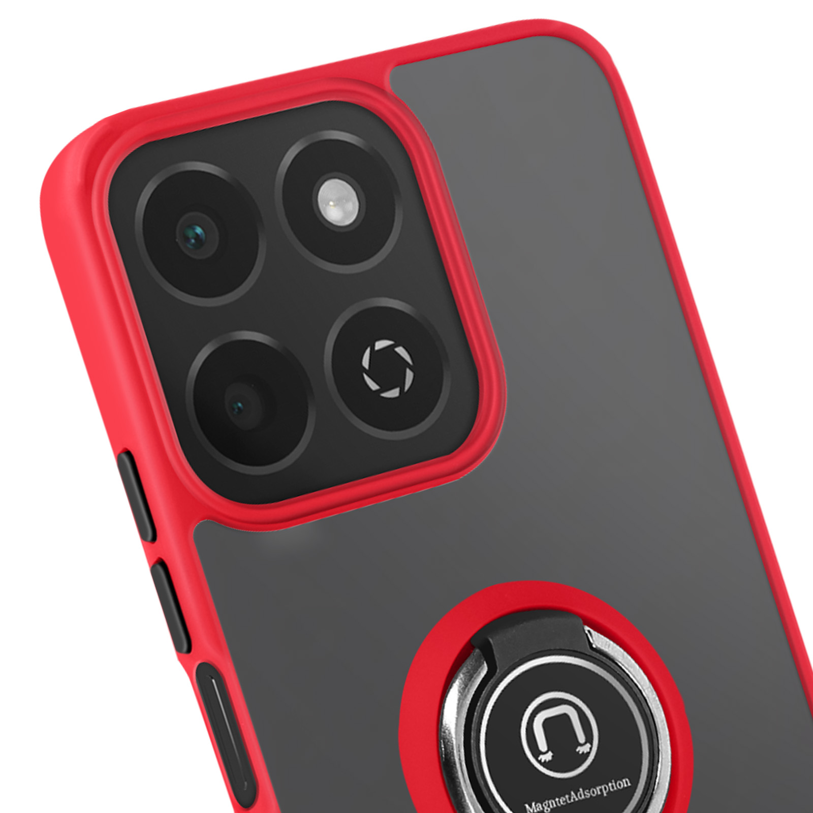 Un telefono con cornice rossa e modulo fotocamera nero. Anello magnetico sul retro.