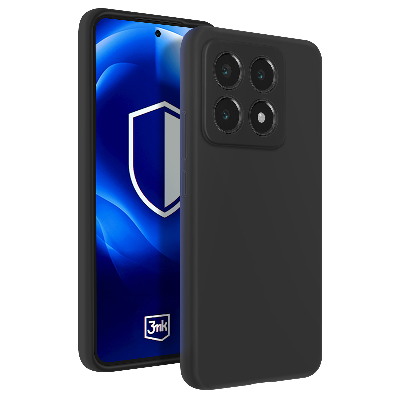 Czarne etui na telefon z telefonem w środku. Telefon ma wiele aparatów.