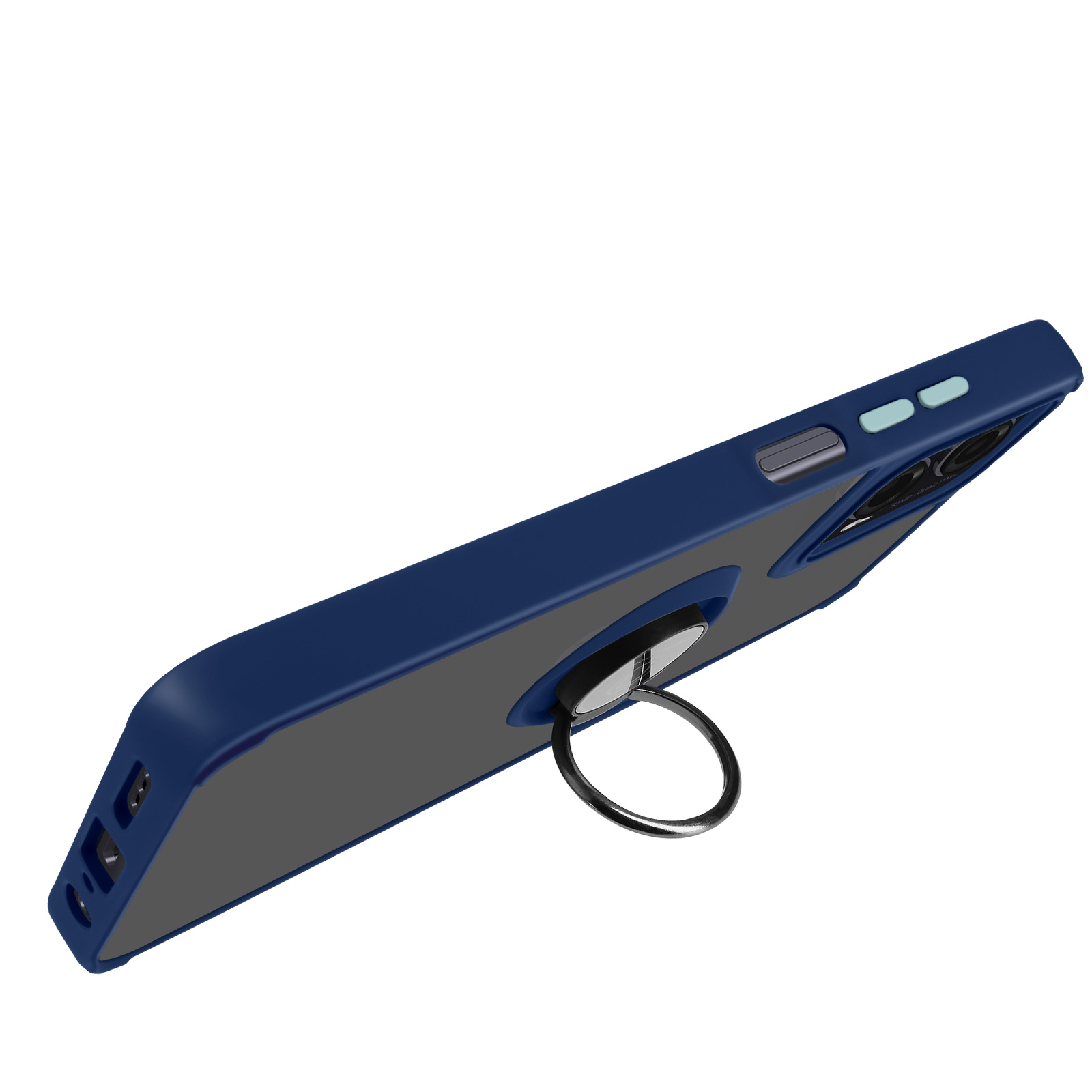 Una custodia blu con anello. Il telefono è angolato, su sfondo bianco.