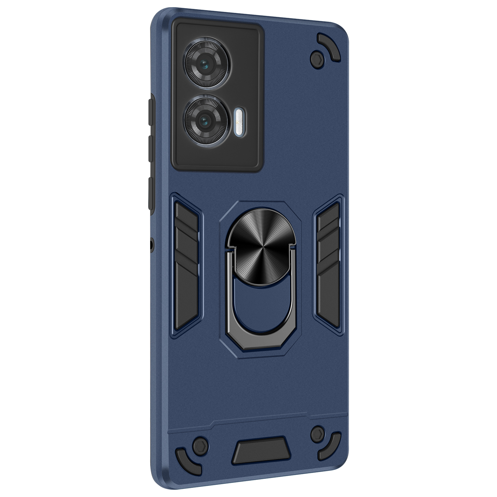 Custodia blu per telefono con anello e fori per fotocamera.