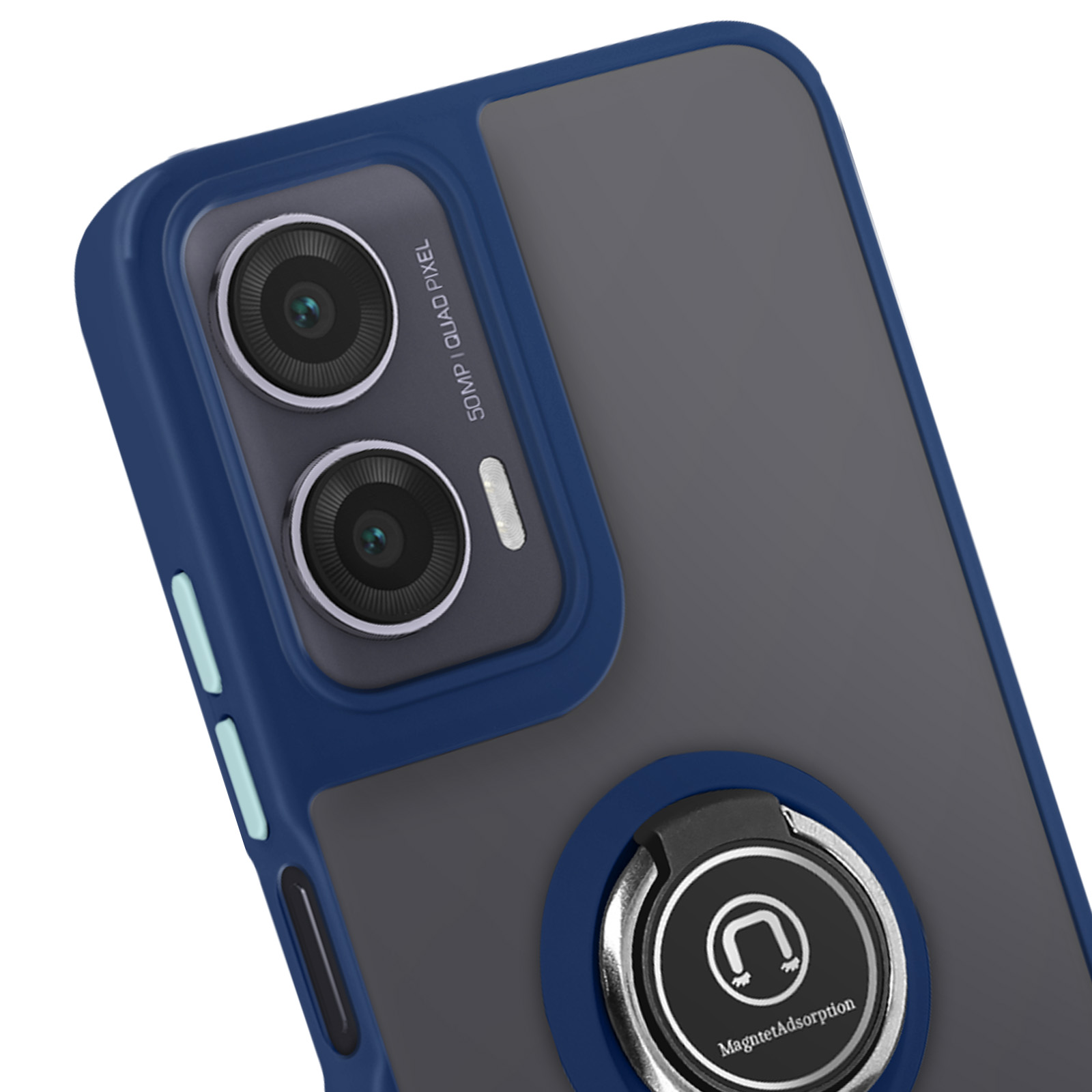 Primo piano di un telefono cellulare con una custodia blu e grigia. Ha un supporto ad anello e doppie fotocamere.