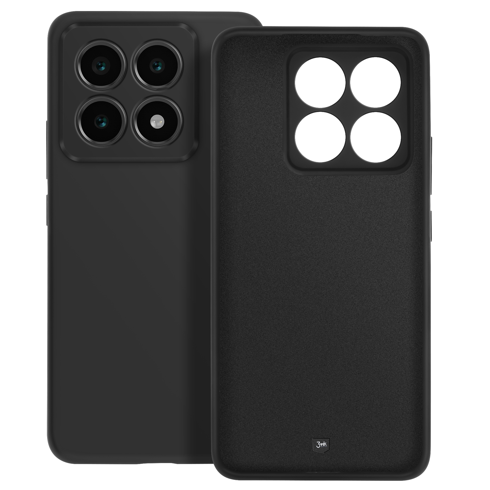 Dwa czarne etui na telefon, jedno z aparatami i jedno bez, na białym tle.