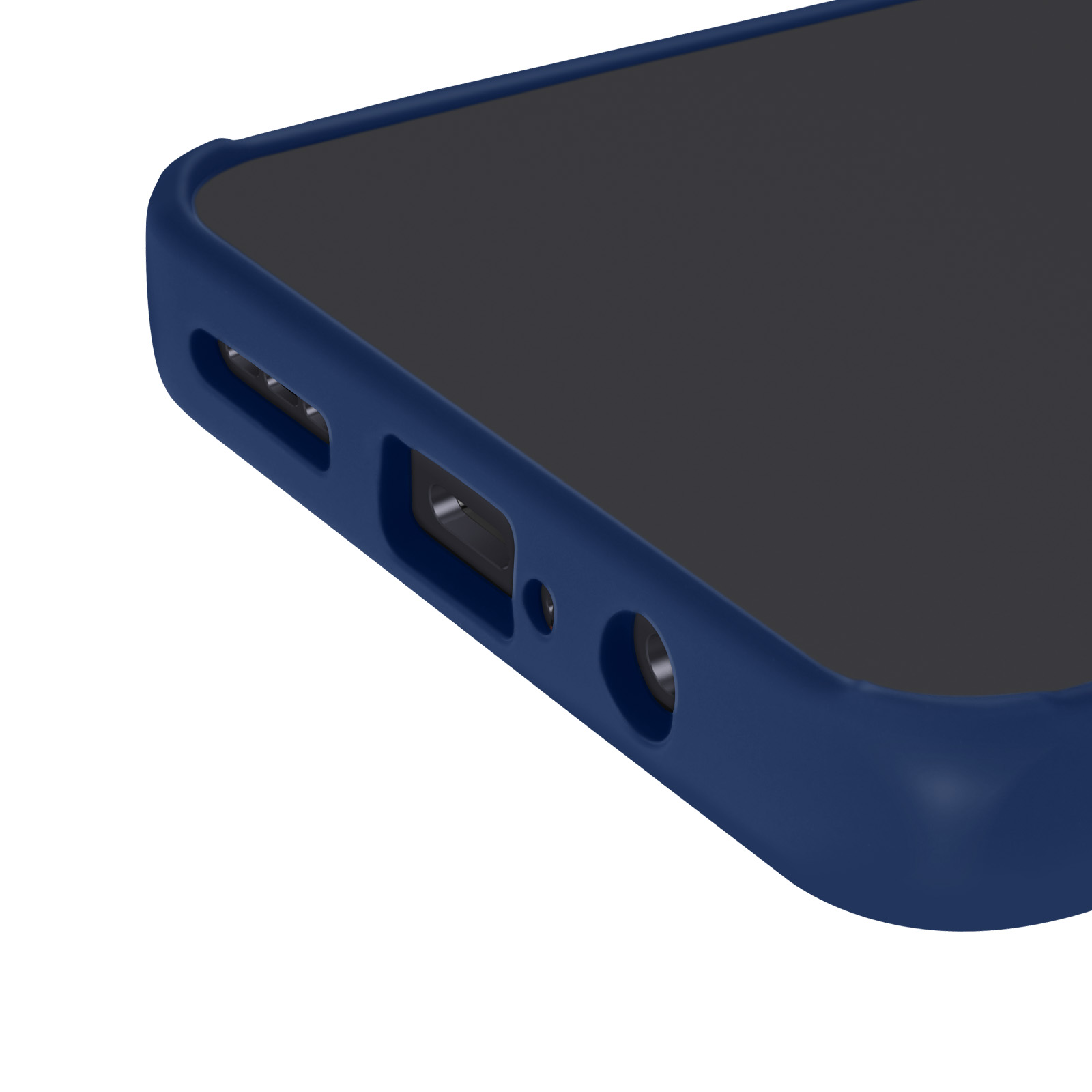 Un primo piano della parte inferiore di una custodia per telefono blu scuro.