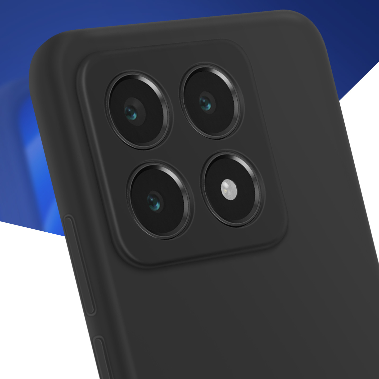 Czarne etui na telefon z czterema wycięciami na aparat. Widoczny jest tył etui.