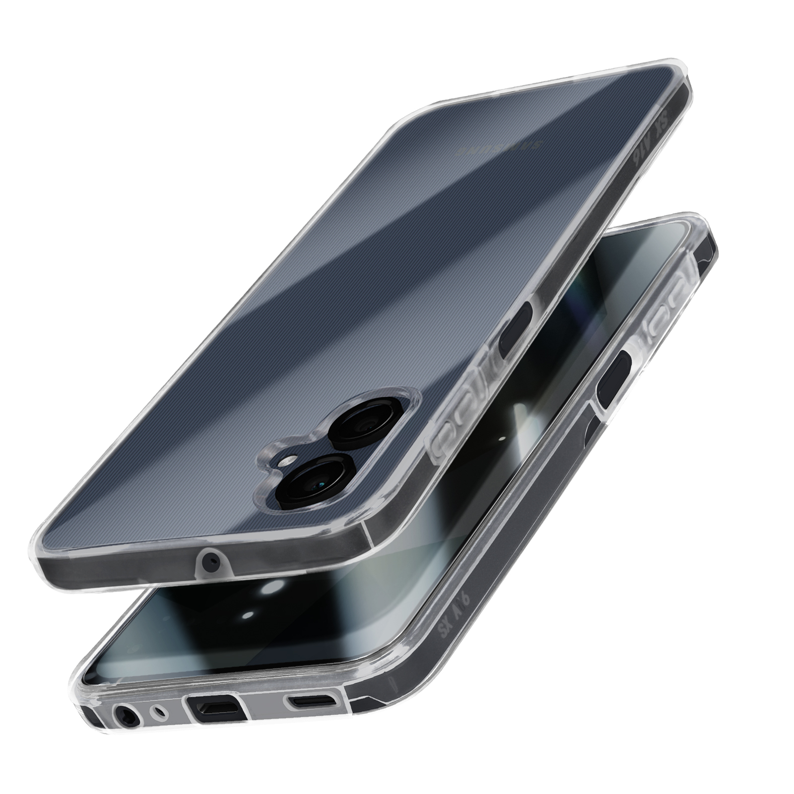 Funda transparente para teléfono con patrón azul-gris sobre un teléfono. Fondo blanco.