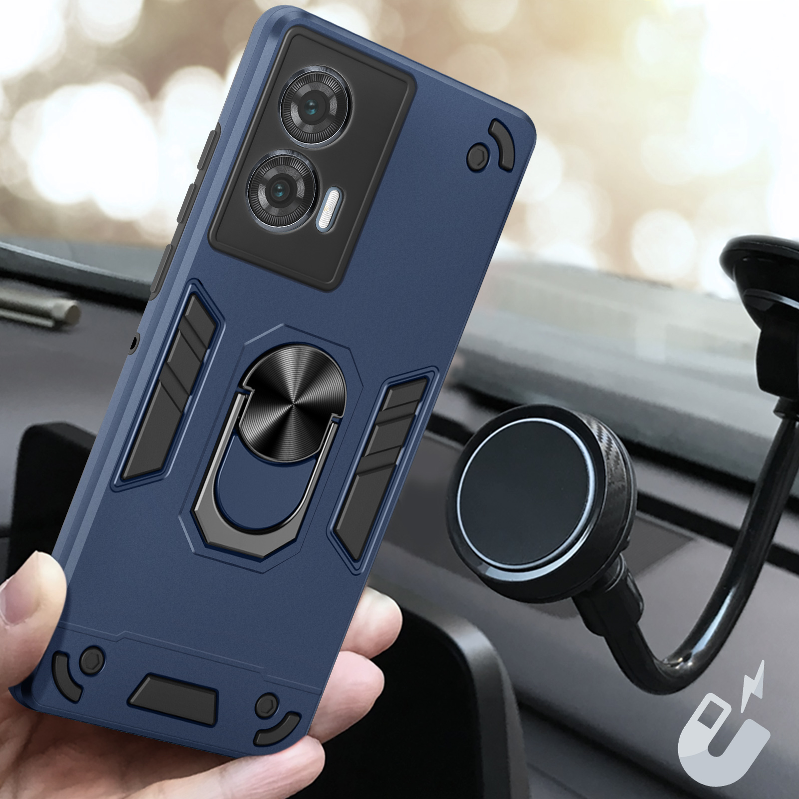 Custodia per telefono blu con supporto ad anello e supporto per auto.
