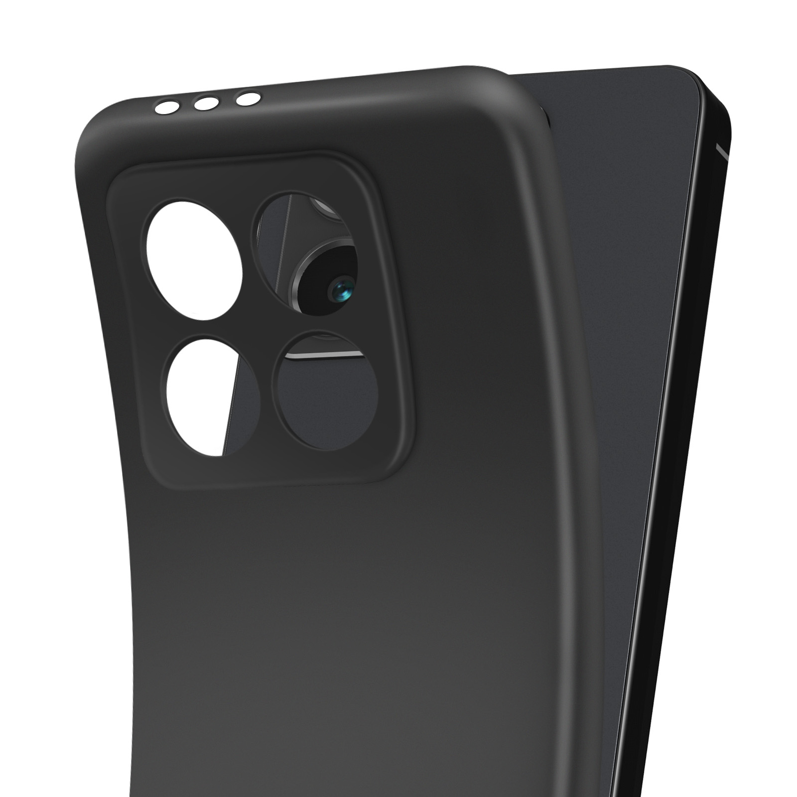 Czarne etui na telefon z wycięciami na aparat, umieszczone na czarnym telefonie.