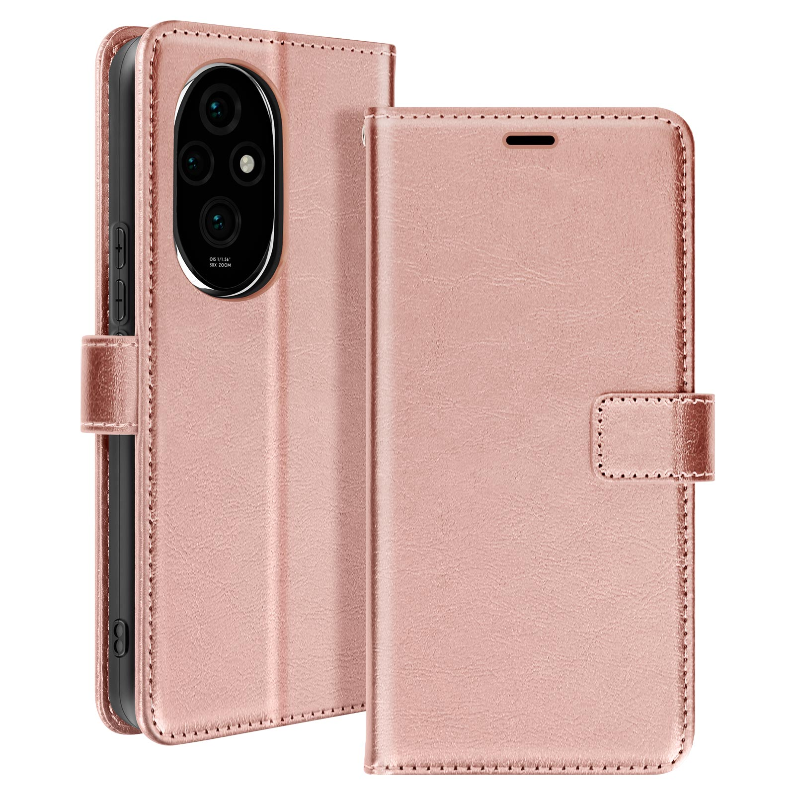Custodia rosa per telefono, aperta e chiusa. Chiusa mostra una chiusura, aperta la fotocamera.