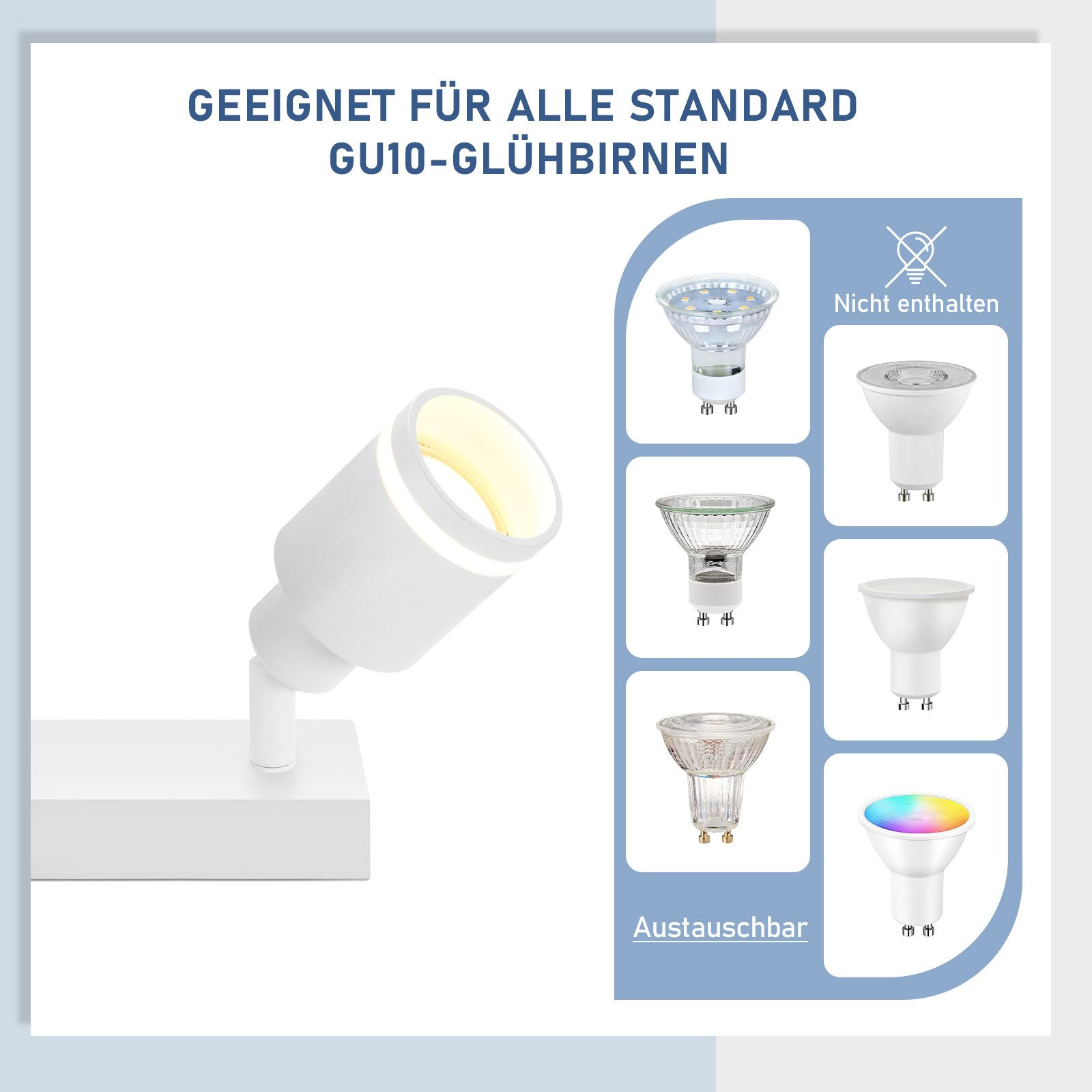 Faretto bianco illuminante, con varie lampadine GU10. Testo: Adatto a tutte le lampadine GU10 standard.