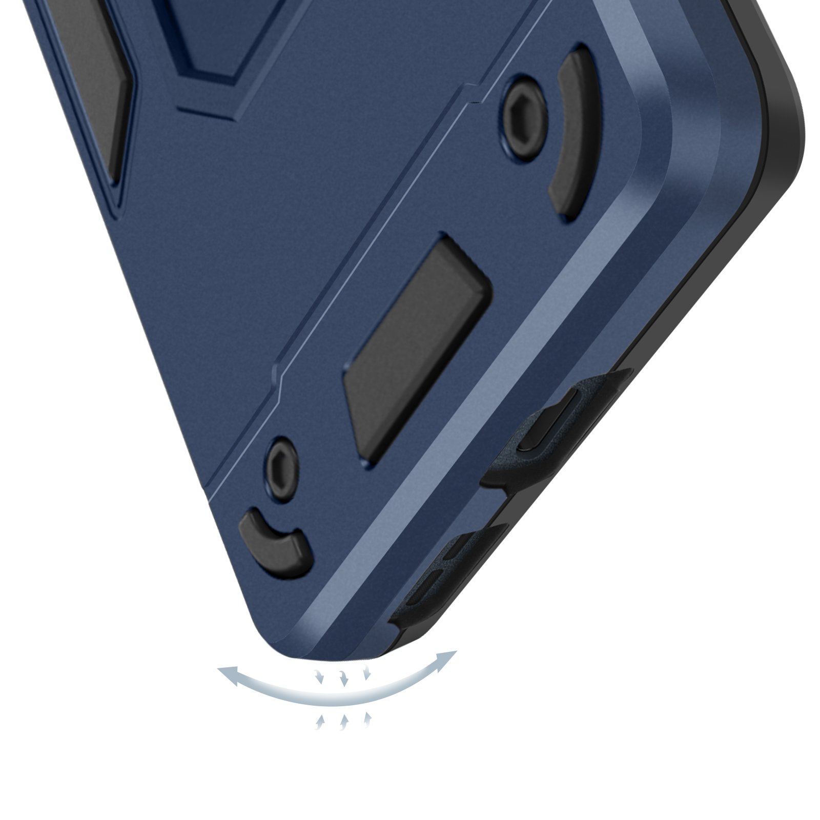 Primo piano di una custodia blu per telefono. Frecce mostrano l'assorbimento degli urti.