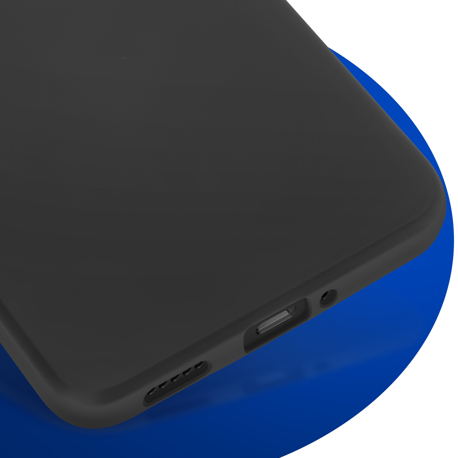 Zbliżenie czarnego etui na telefon. Etui posiada wycięcia na porty i głośniki.