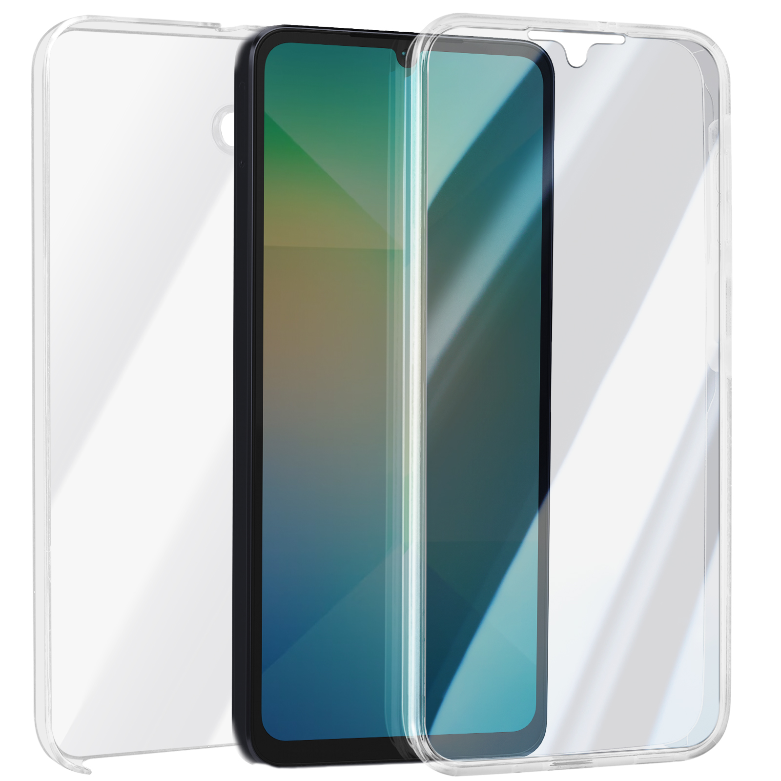 Una funda transparente para teléfono sobre un teléfono. El teléfono tiene un fondo verde y turquesa.