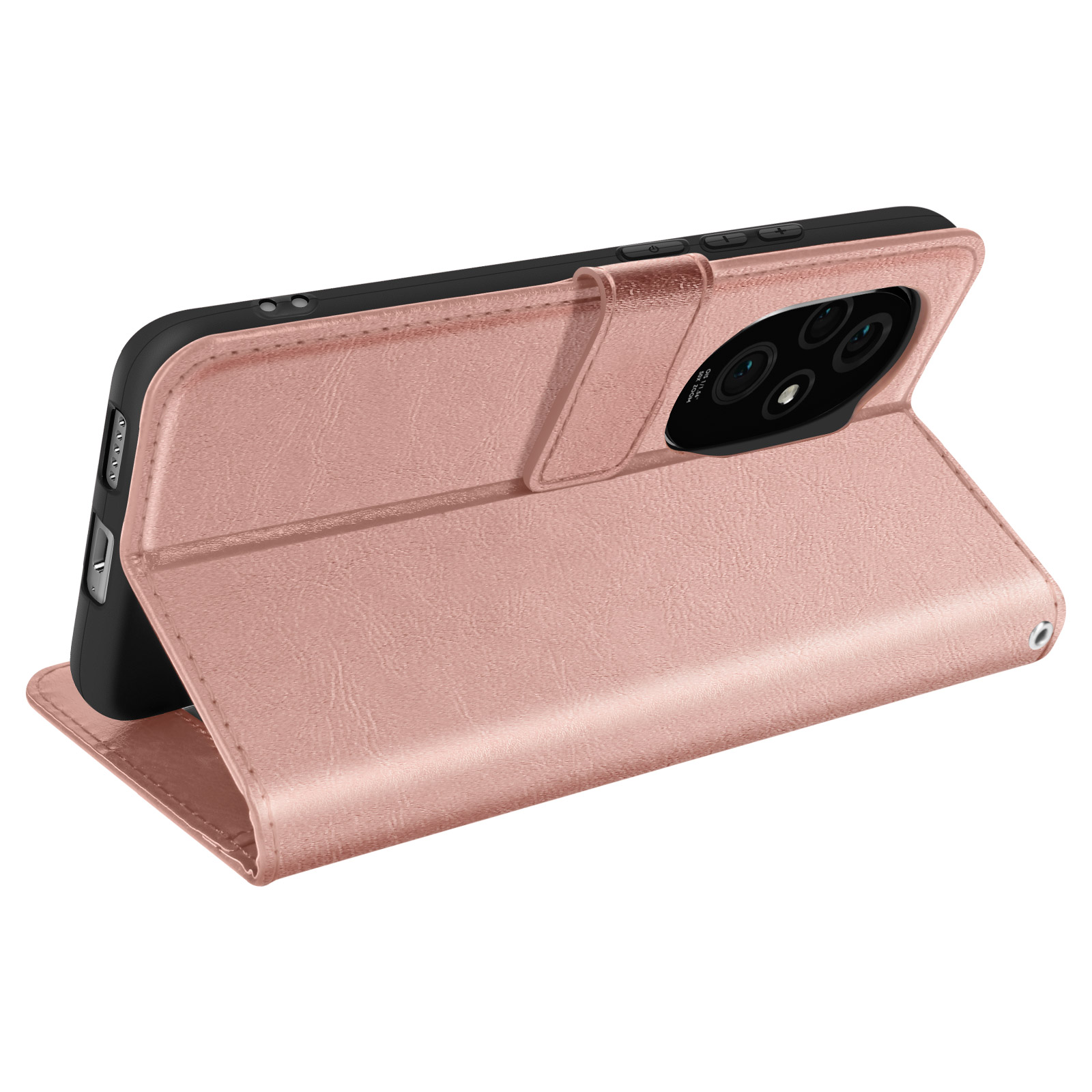 Custodia del telefono rosa aperta, che rivela il telefono. Dispone di un ritaglio per la fotocamera e un portafoglio.
