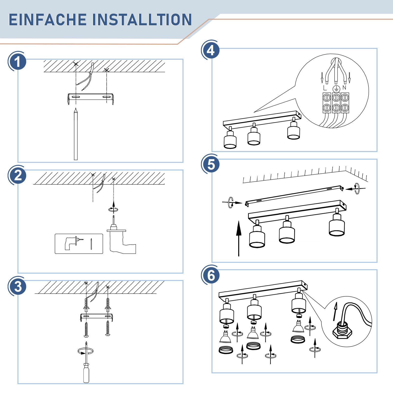 Diagramma che mostra i passaggi per installare una plafoniera. Sei passaggi numerati con illustrazioni.