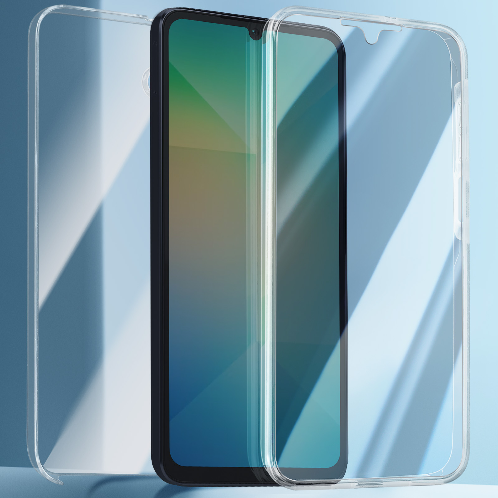 Funda transparente en un teléfono. El teléfono es negro, tiene una pantalla degradada verde.