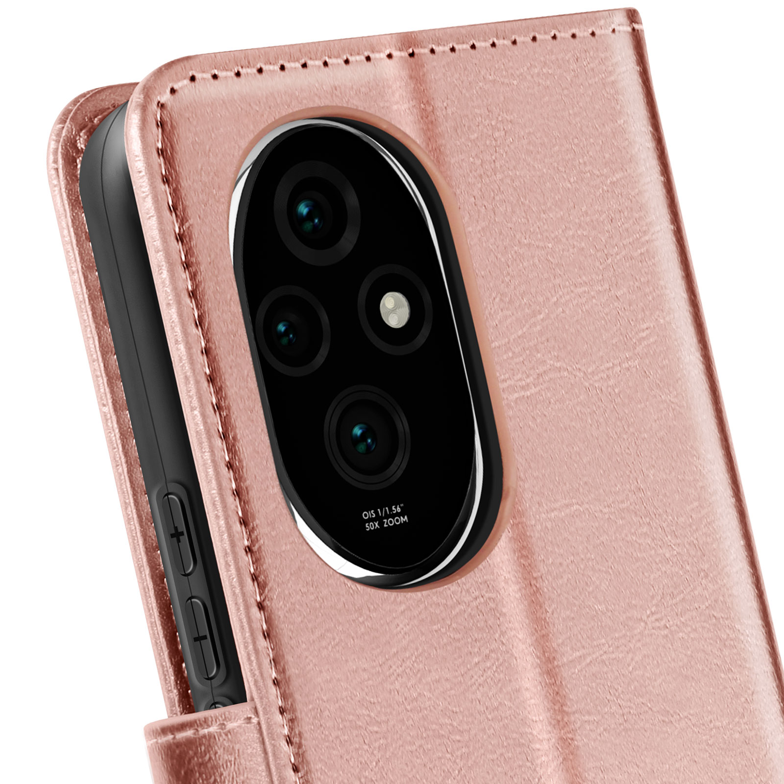 Primo piano di una custodia per telefono con obiettivo della fotocamera. La custodia è rosa con superficie strutturata.