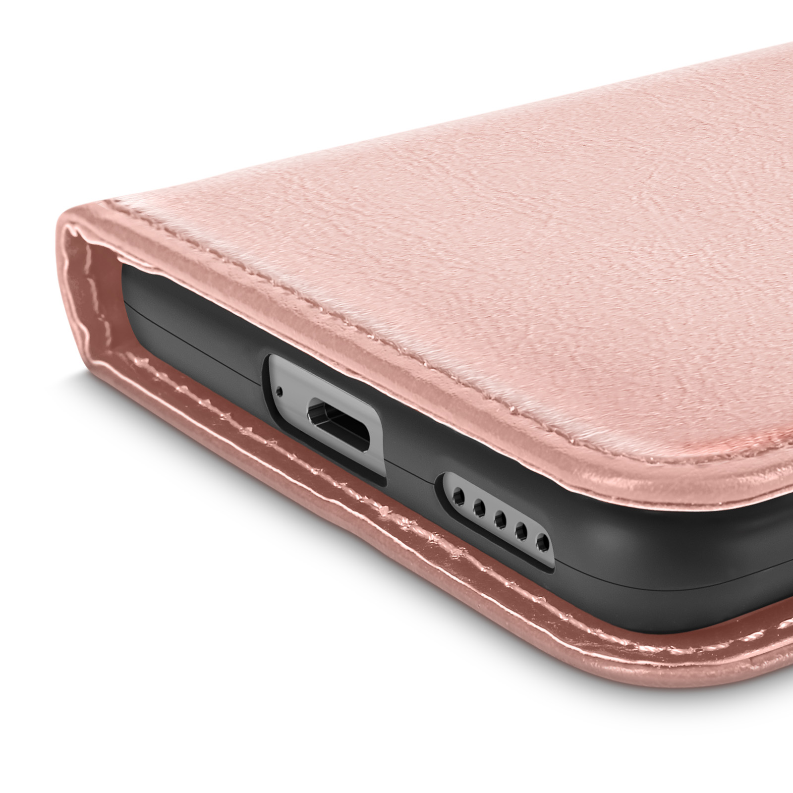 Primo piano di una custodia rosa che mostra la parte inferiore con le porte.