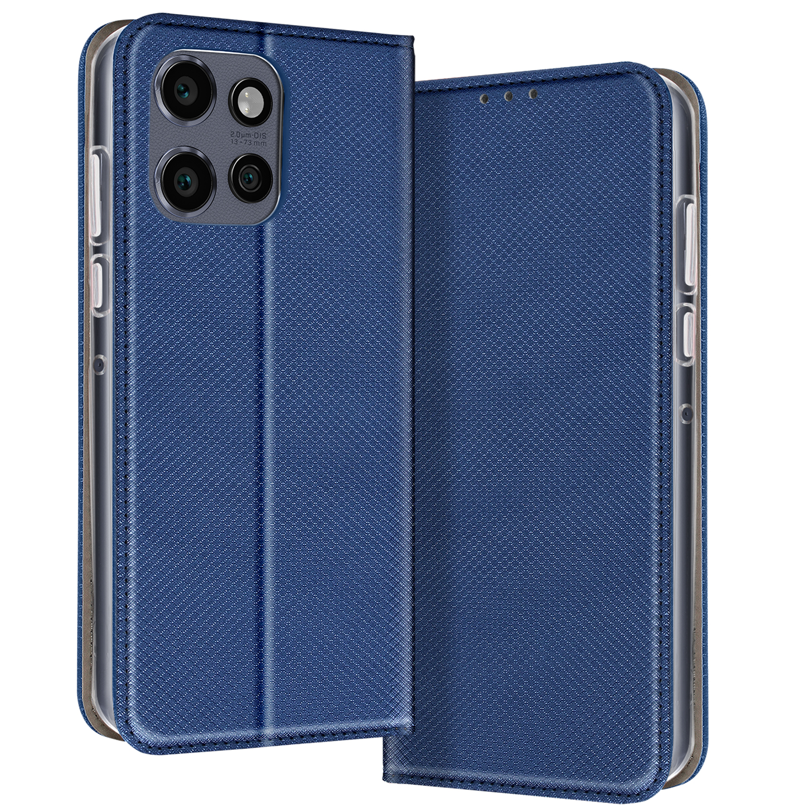 Una custodia per telefono blu, aperta per rivelare un telefono con ritagli per la fotocamera.