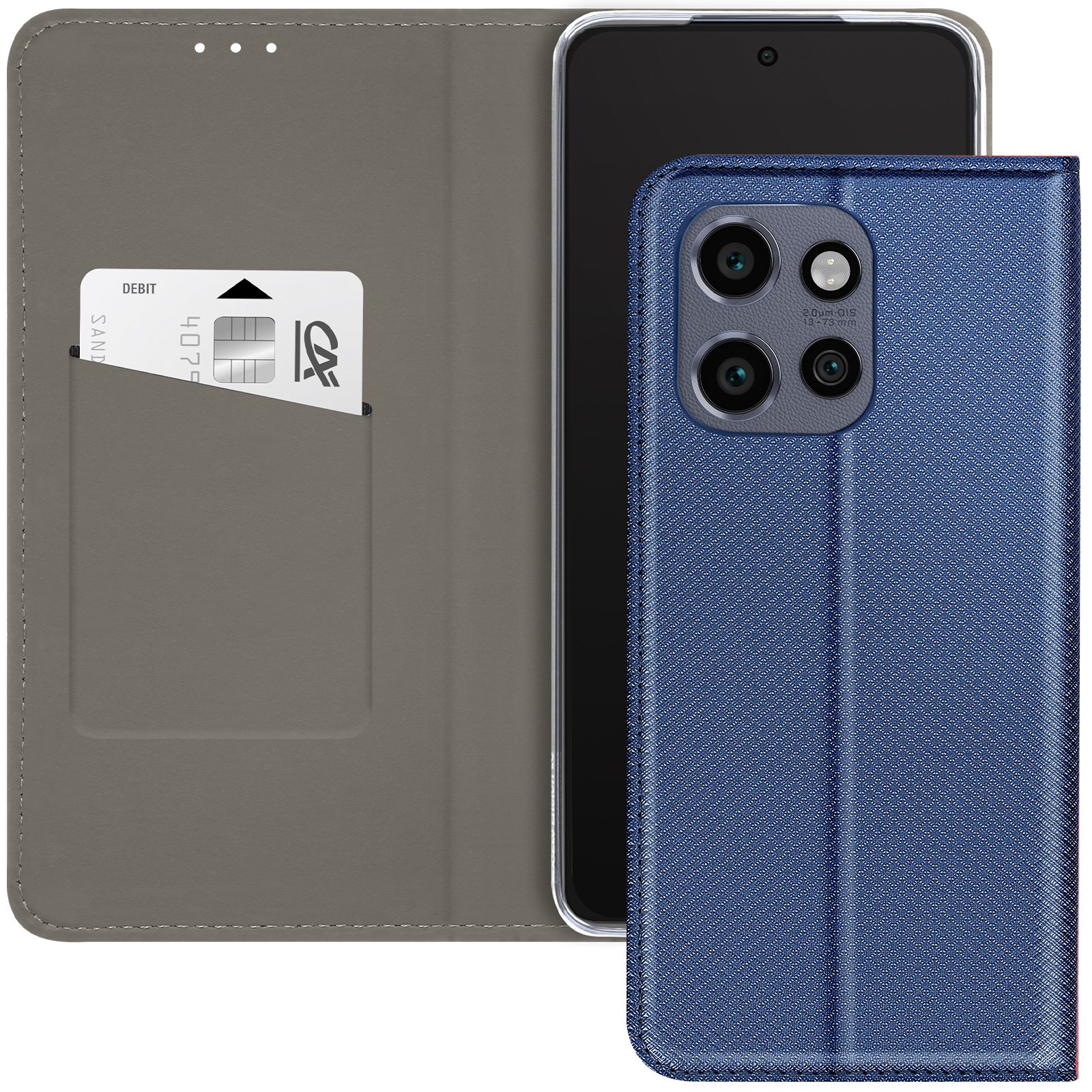 Custodia per telefono con telefono e carta. Custodia blu con design floreale e carta in uno slot. Il telefono è nero.