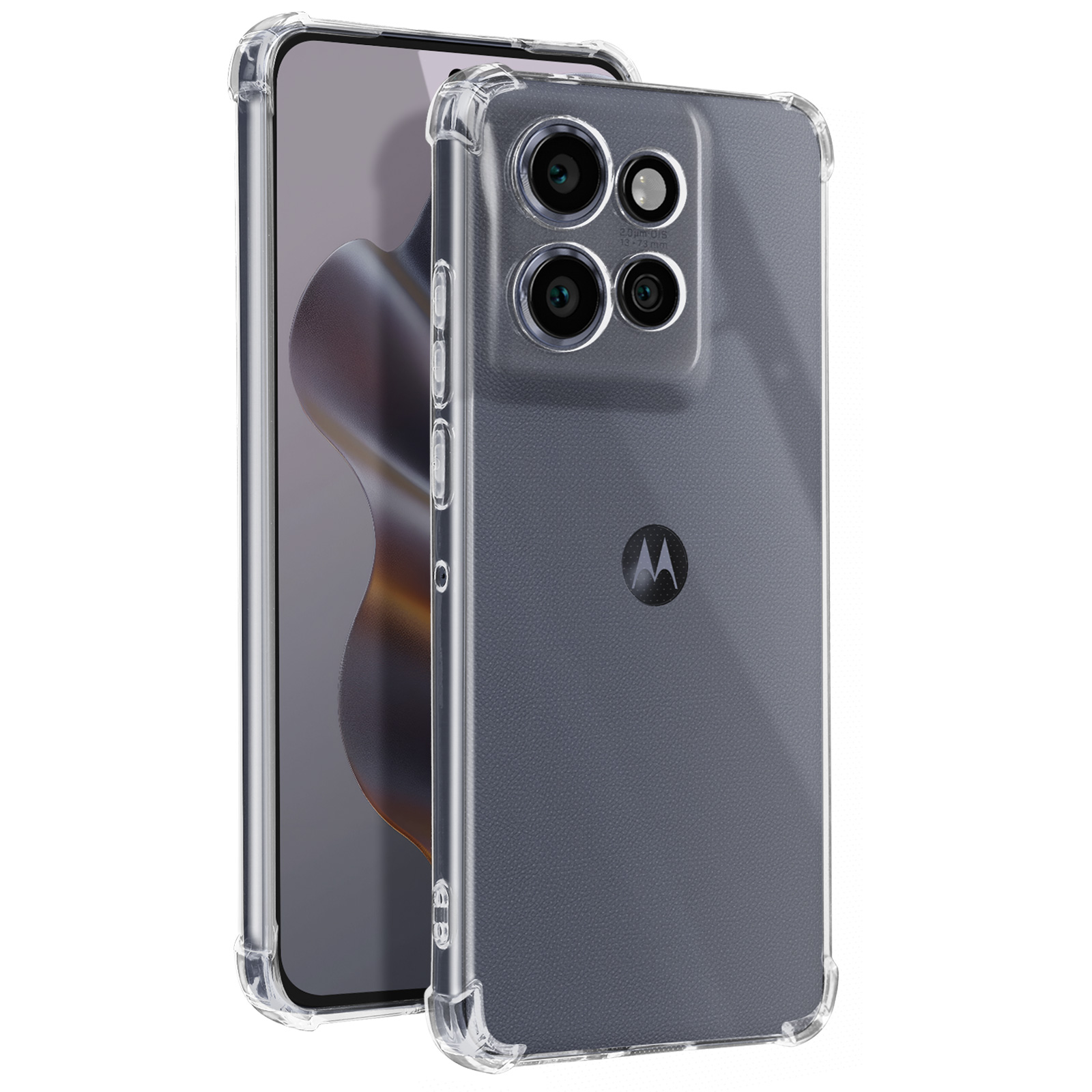 Due telefoni in custodie trasparenti. Entrambi hanno una fotocamera con più lenti.