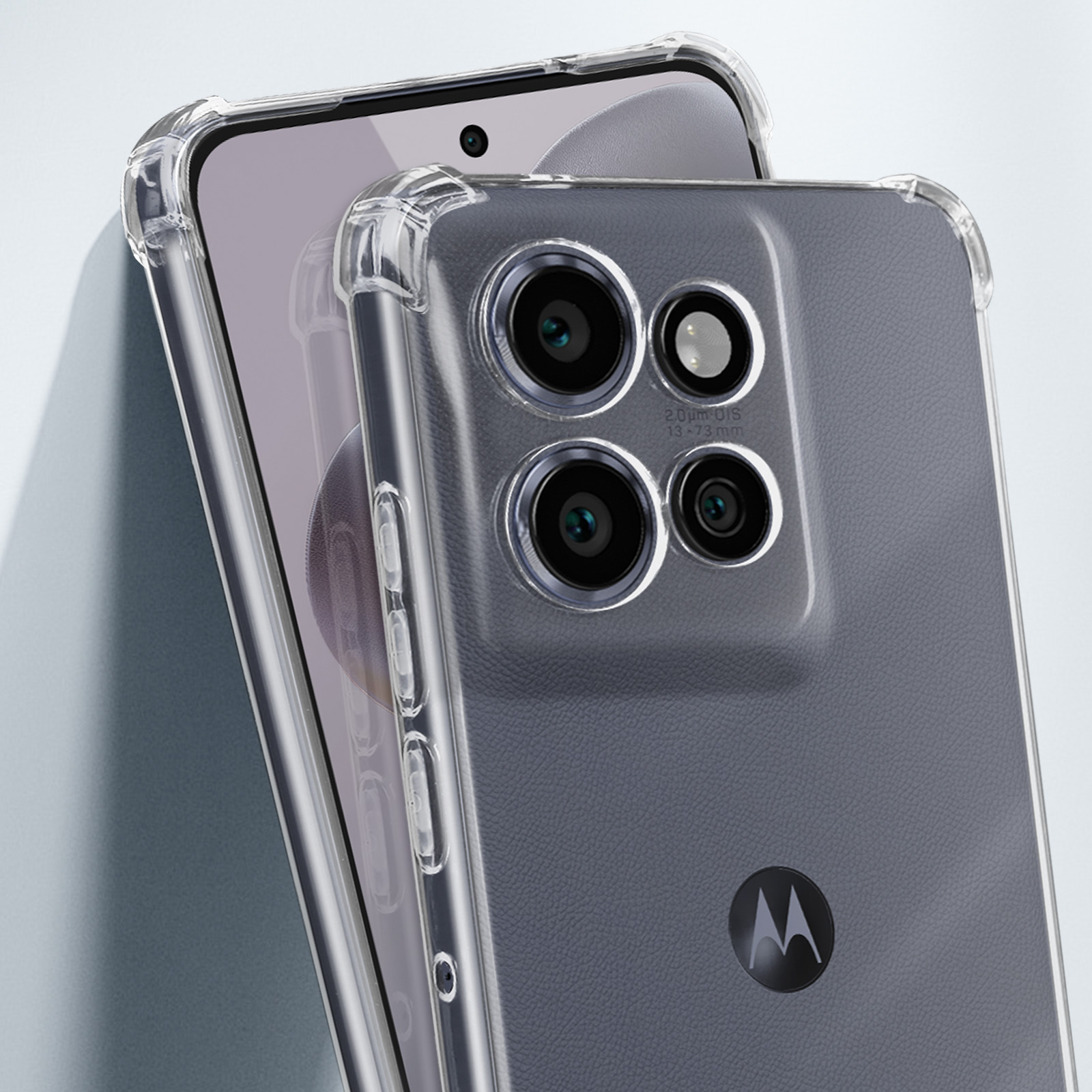 Smartphone all'interno di una custodia protettiva trasparente. La custodia ha ritagli per la fotocamera e coperture per i pulsanti.