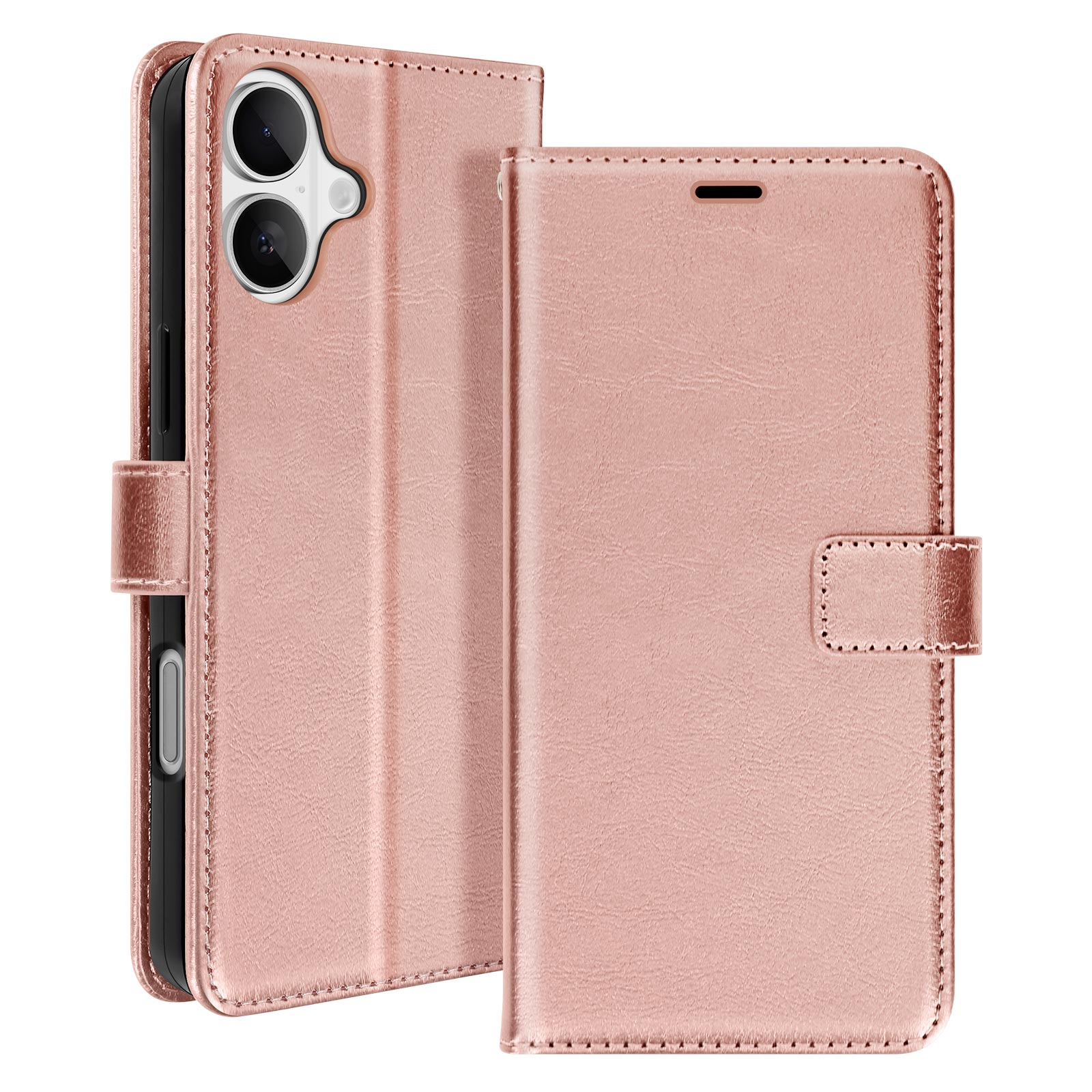 Custodia per telefono in pelle rosa, aperta per mostrare un telefono. Il telefono ha più fotocamere sul retro.