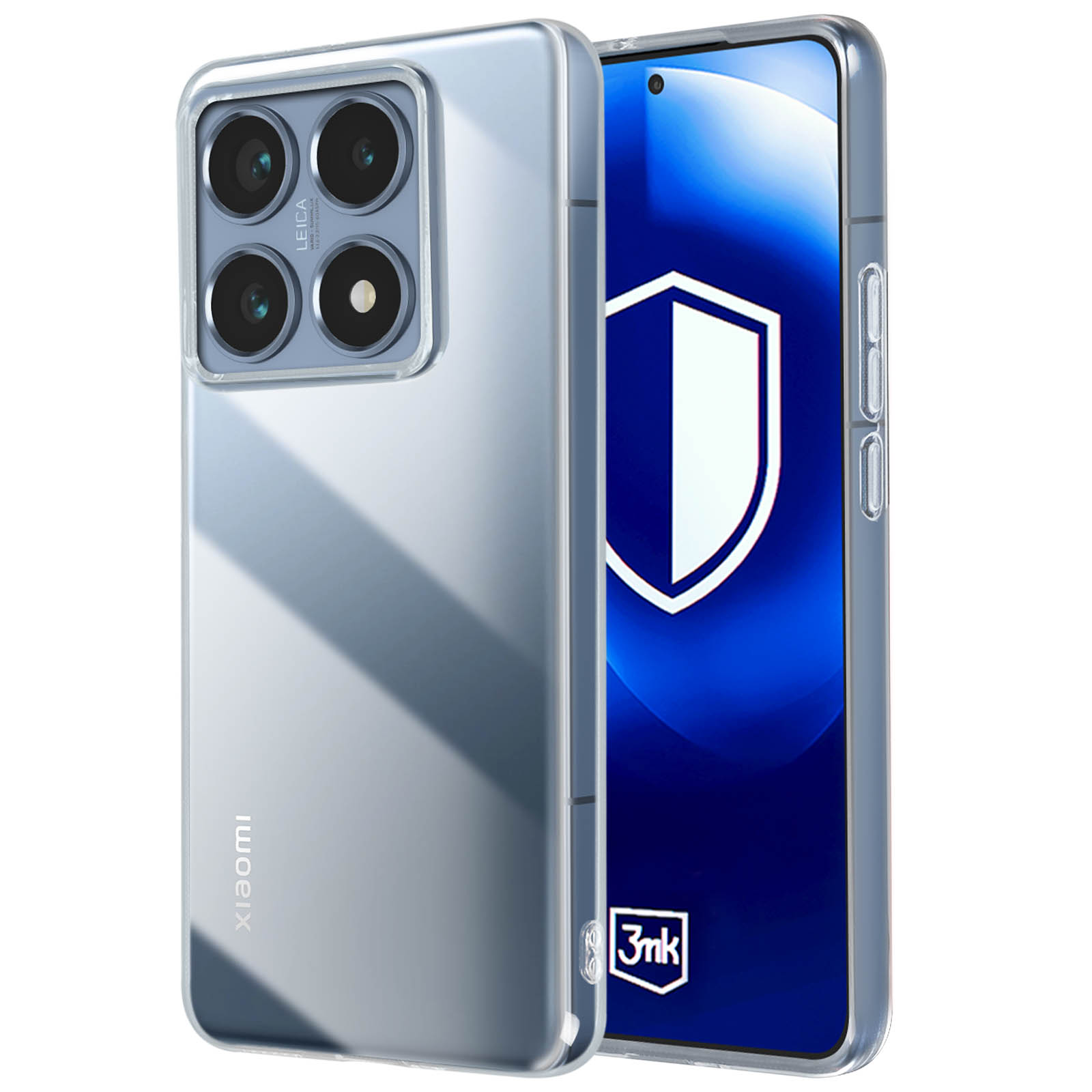 Przezroczyste etui na telefon ze srebrnym telefonem, z wieloma aparatami.