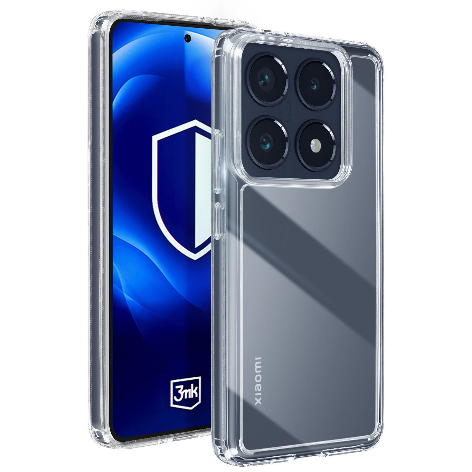 Przezroczyste etui na telefon chroniące czarny smartfon z aparatem z trzema obiektywami.