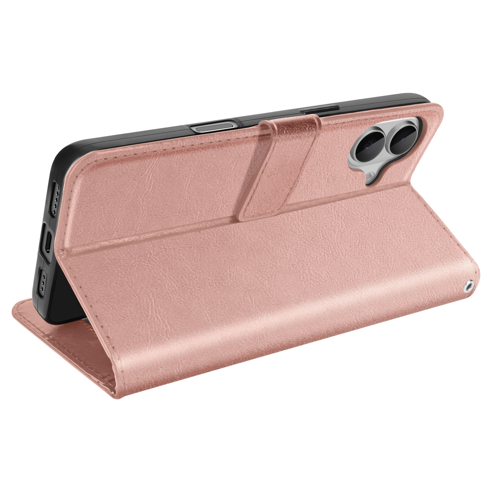 Custodia per telefono rosa aperta con un telefono nero all'interno. La custodia è strutturata, mostrando la fotocamera del telefono.